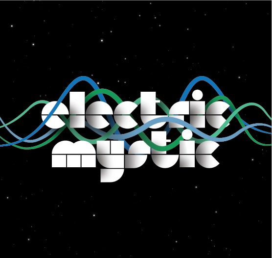 Graphic design with abstract wave lines and text 'electic mystic' on a starry black background.
