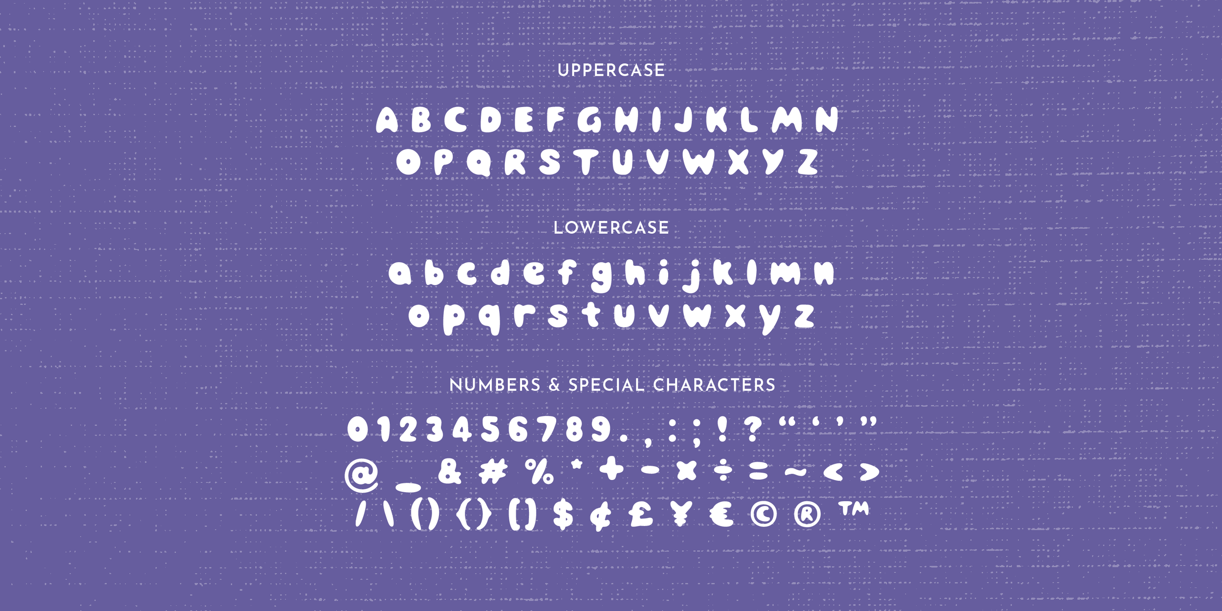 An image showing a display of uppercase and lowercase alphabet letters, numbers, and special characters in a playful, white font on a purple textured background.