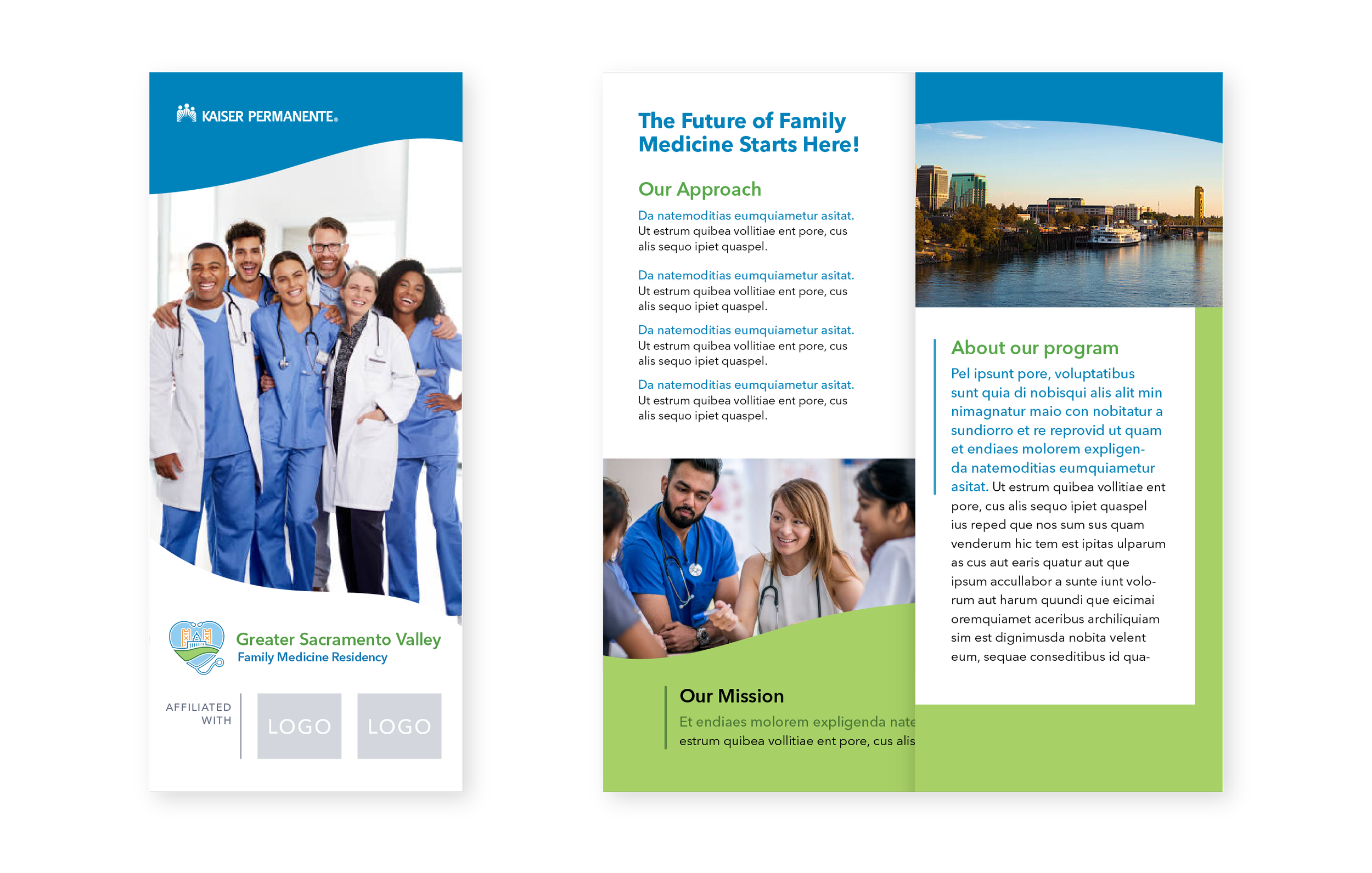 Brochure with a group of diverse healthcare professionals smiling, interior with river view, and sections of text about family medicine and a residency program.