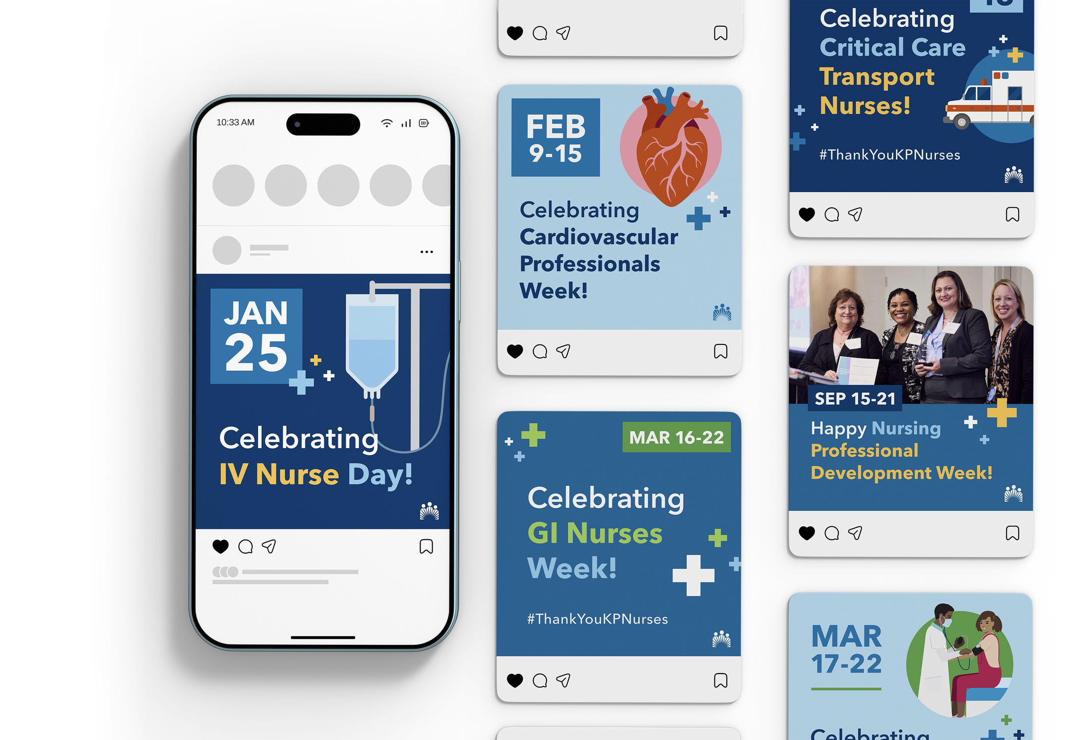 Collage of social media posts celebrating healthcare professionals with text, icons, and photos, including a smartphone display and healthcare worker images.
