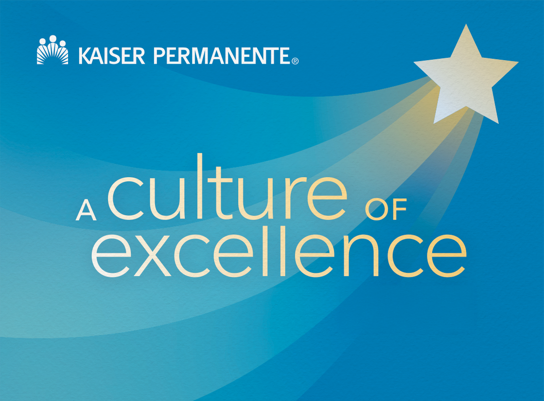 Kaiser Permanente logo with the slogan 'A culture of excellence' on a blue background with a star emitting rays of light.