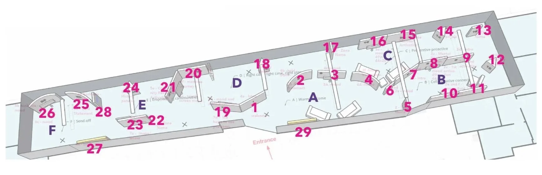 Floor plan of an emergency room or clinic with numbered stations and areas labeled with letters, including reception, waiting area, treatment rooms, and staff areas.