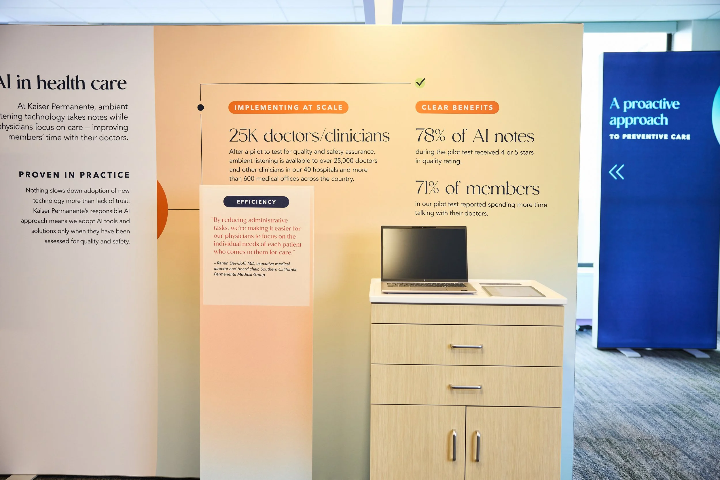 A health care informational display about AI implementation at Kaiser Permanente featuring statistics on doctor adoption and benefits, along with a laptop on a wooden cabinet.