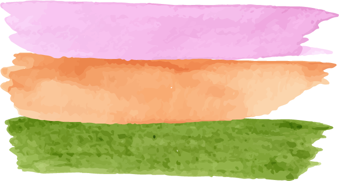 Abstract watercolor landscape with pink sky, orange hills, and green foreground.