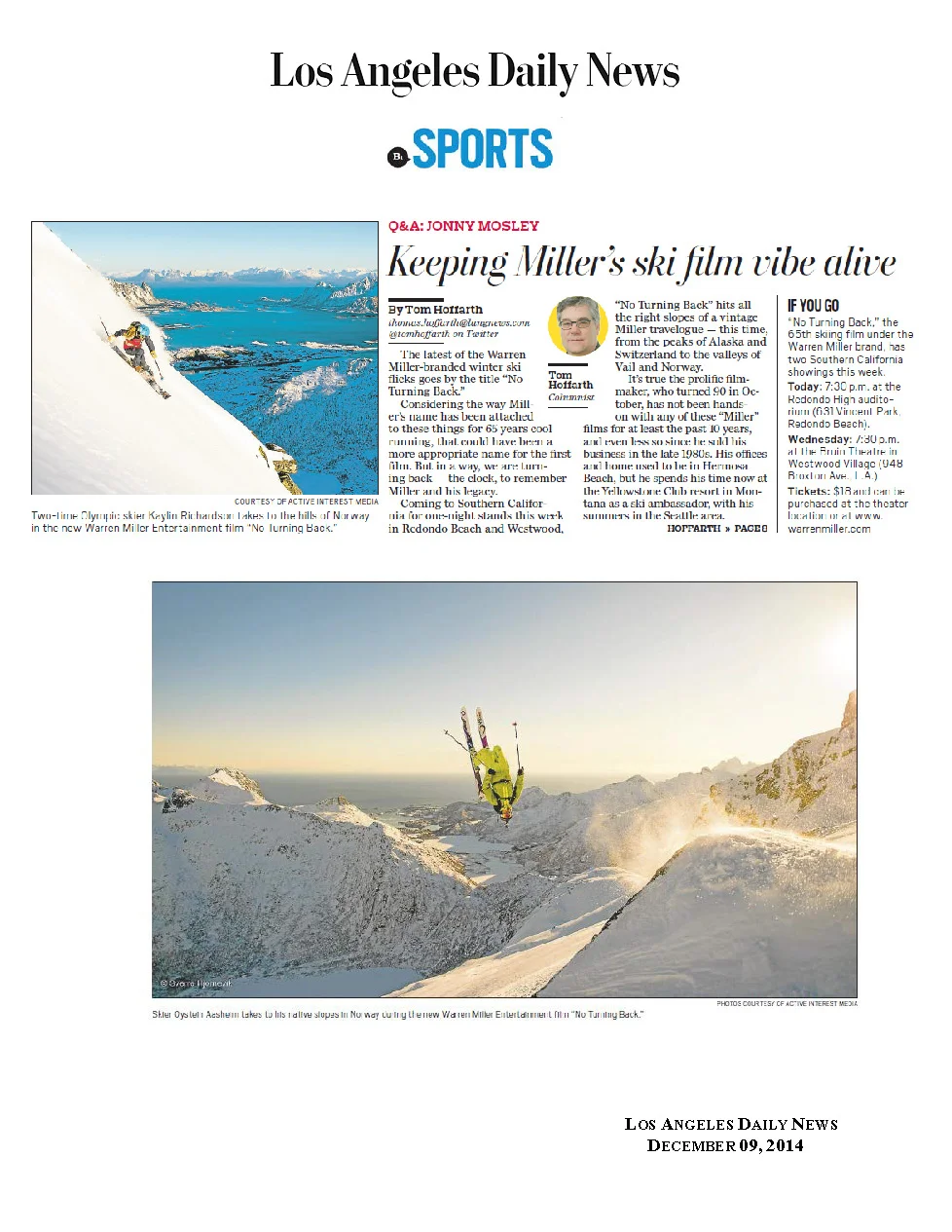 Warren Miller Entertainment in the Los Angeles Daily News