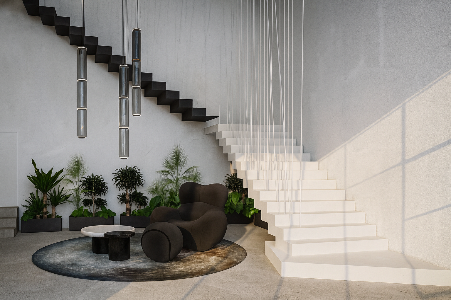 Interior de oficinas en Dénia – Diseño de hall corporativo y escalera contemporánea | Betha Estudio
