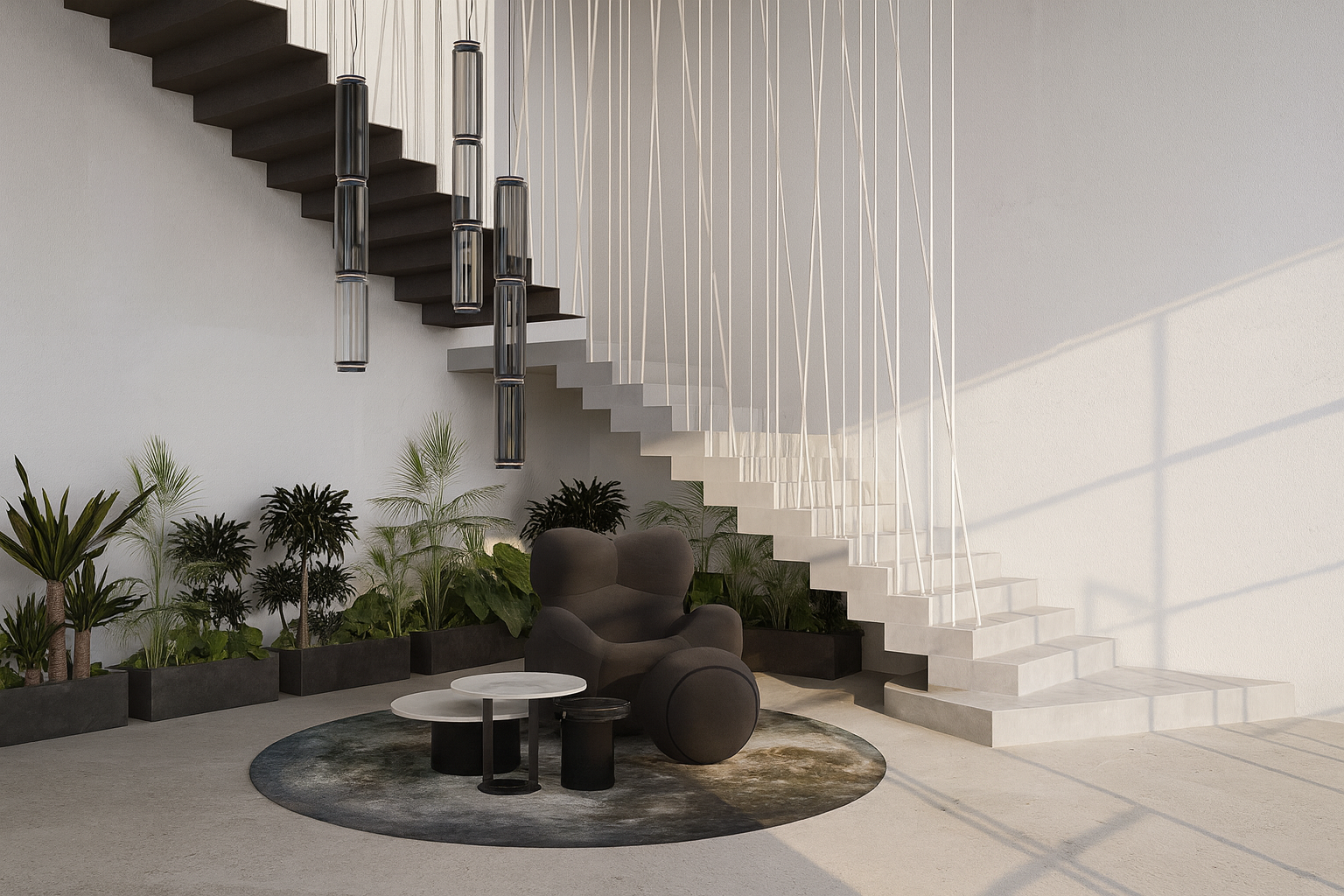 Zona de espera en oficinas en Dénia – Diseño interior corporativo con escalera contemporánea | Betha Estudio