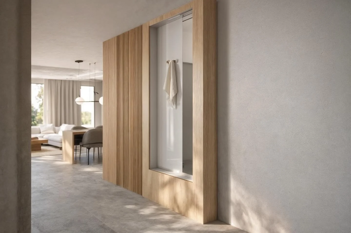 Infograf&iacute;a 3D de un proyecto de reforma integral en la Costa Blanca dise&ntilde;ado por Betha Estudio Interiorismo.
Este render muestra un panelado arquitect&oacute;nico de madera natural que act&uacute;a como elemento integrador entre el pasi