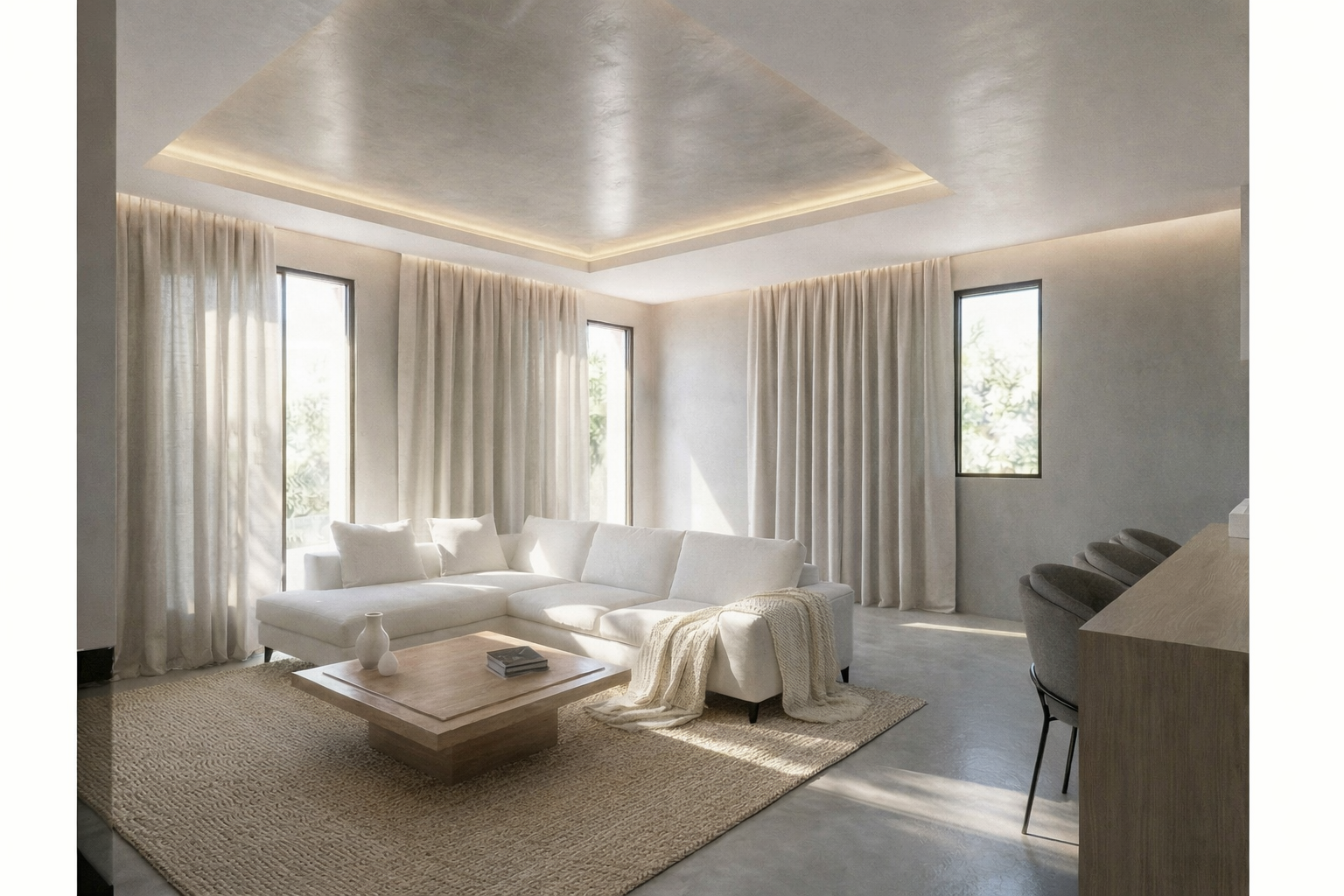 Interiorismo de lujo en Jávea con comedor integrado y carpintería personalizada en madera natural