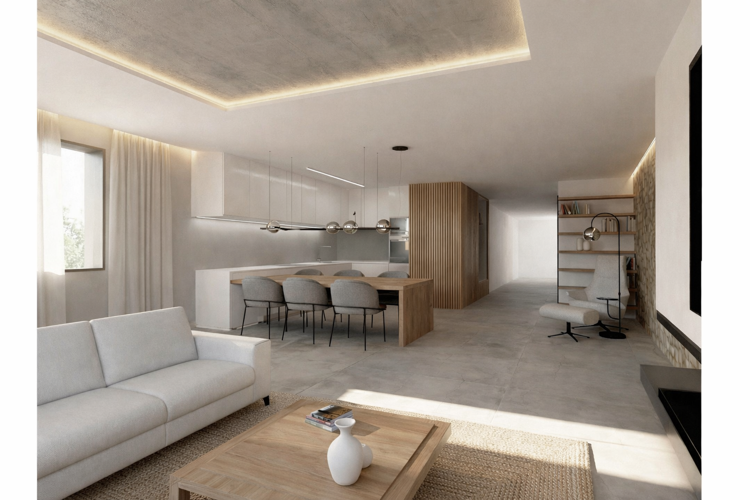 Salón y cocina abierta de diseño contemporáneo en reforma integral de villa en Jávea Costa Blanca