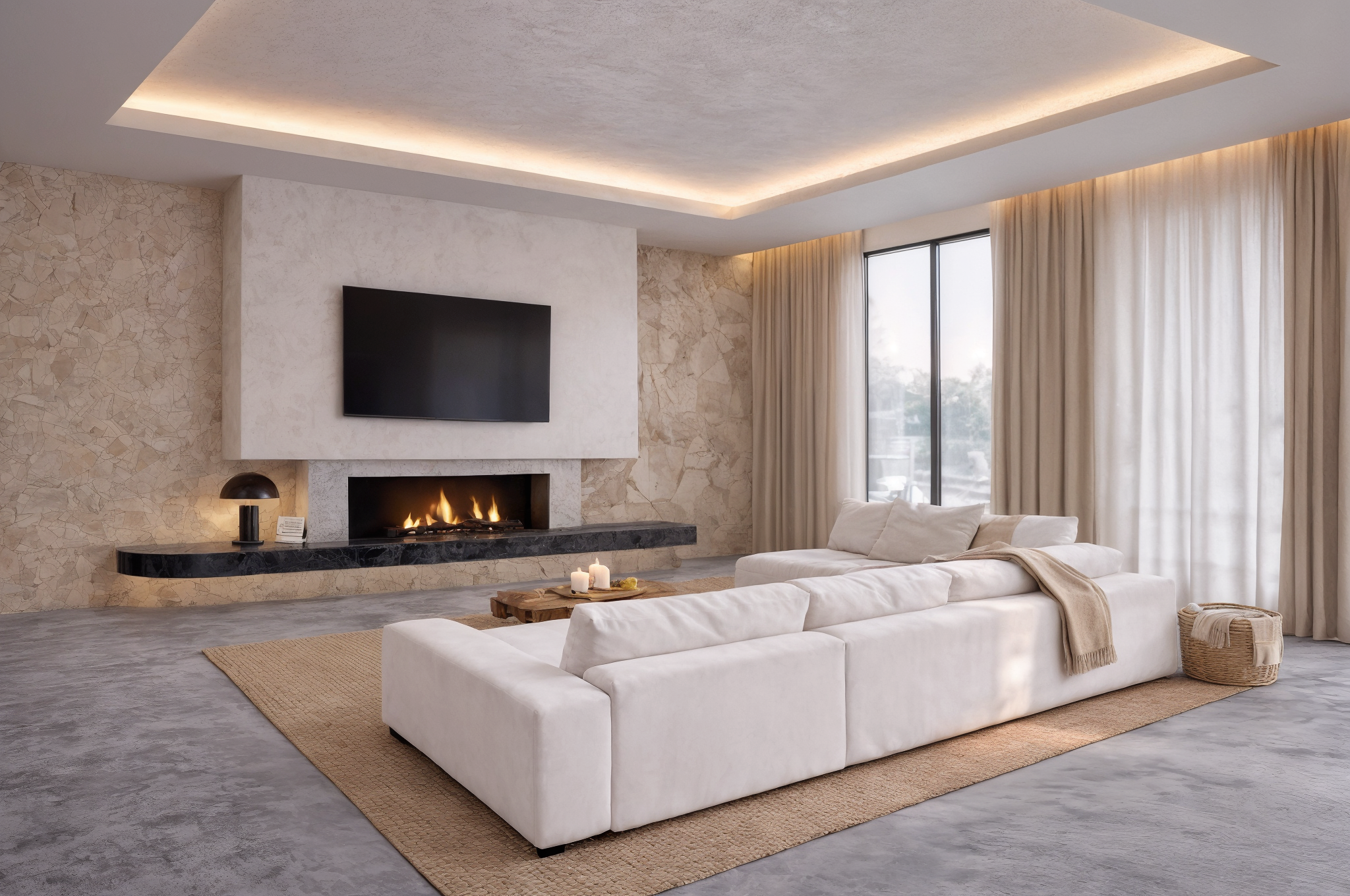 Salón moderno con chimenea y luz indirecta en villa mediterránea reformada en Jávea
