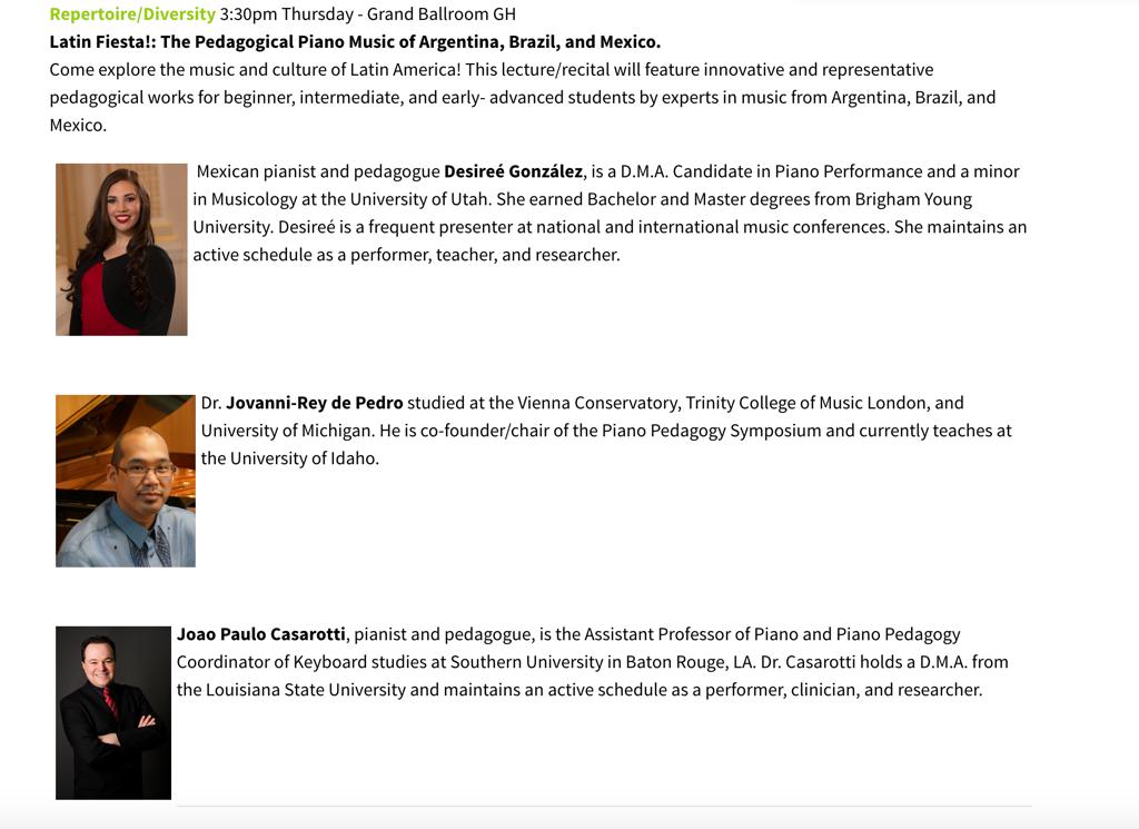 Presentation (Lecture Recital) “Latin Fiesta: Pedagogical Piano Works from Argentina, Brazil and México”