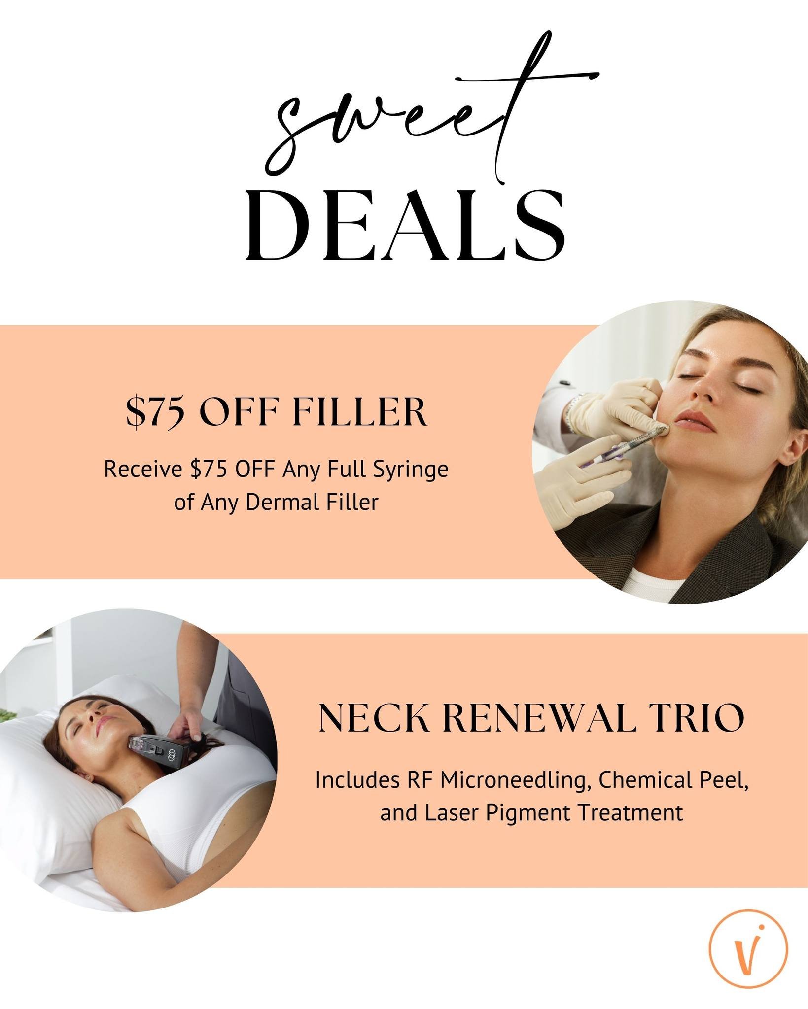 Book Now, Treat Later! Today is the last day you can book a filler appointment and take advantage of our $75 off promotion!! 

But don't worry because our second Sweet Deal isn't going anywhere! Get ready for tank top weather with our Neck Renewal Tr