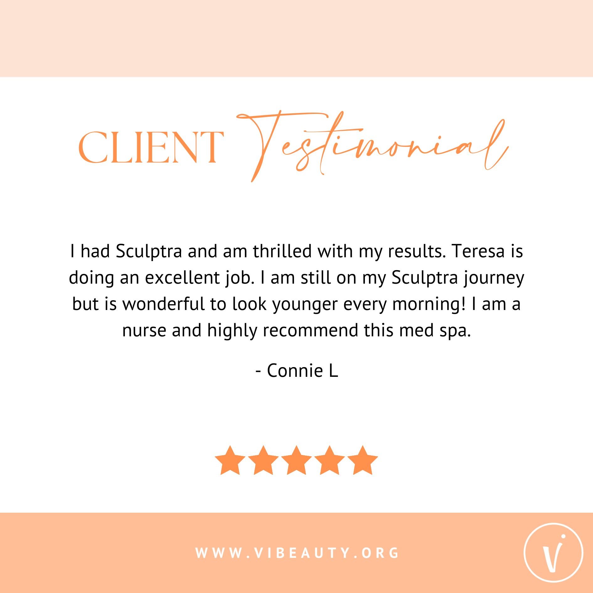 &quot;It's wonderful to look younger every morning&quot; might be the best thing we've ever heard! We are so happy &amp; honored to be a part of your self-care journey🧡 Learn more about Sculptra at www.vibeauty.org/sculptra #fivestarreview #5StarRev
