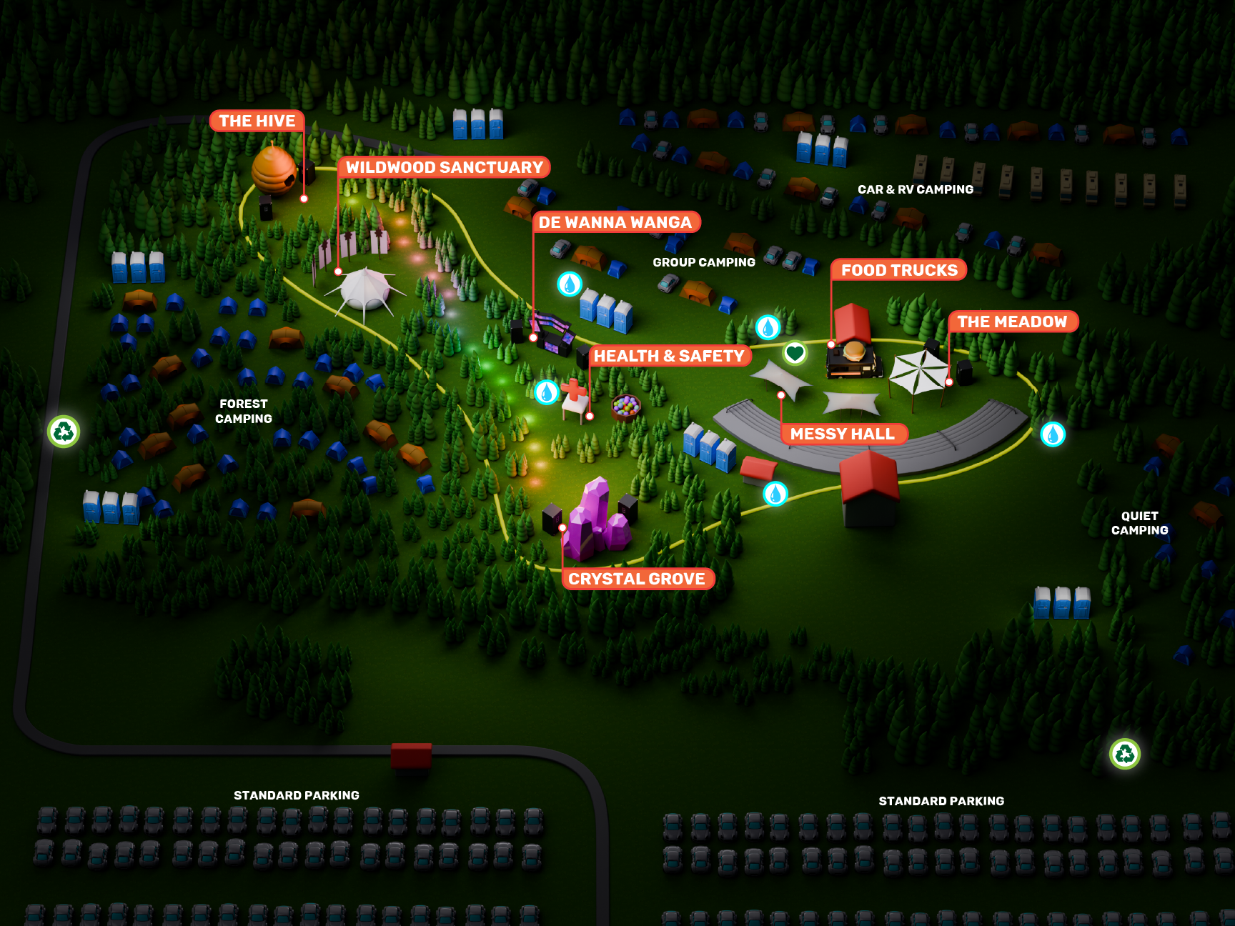 Festival property map with stages, water sources, and restrooms.