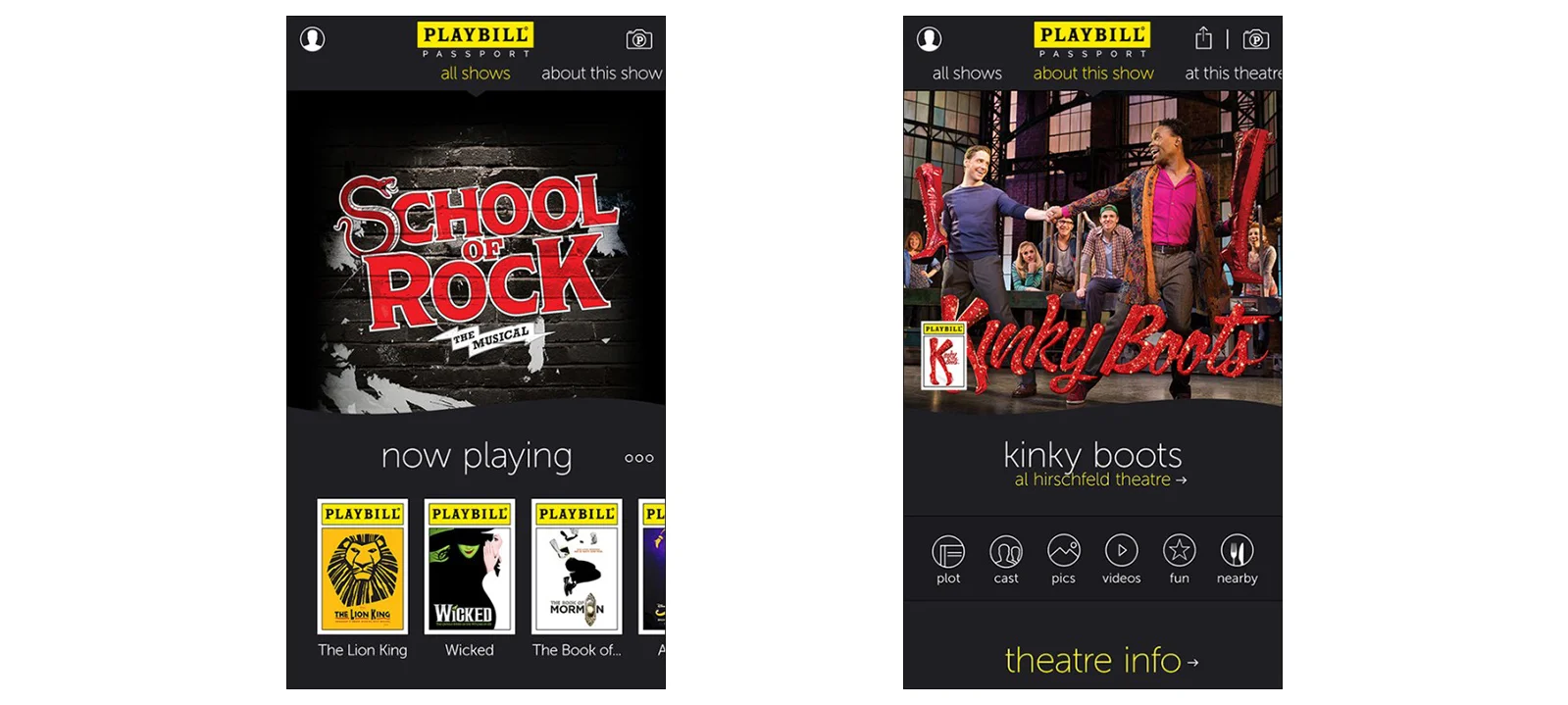 2 Takeaway Screenshots, from Playbill’s mobile app