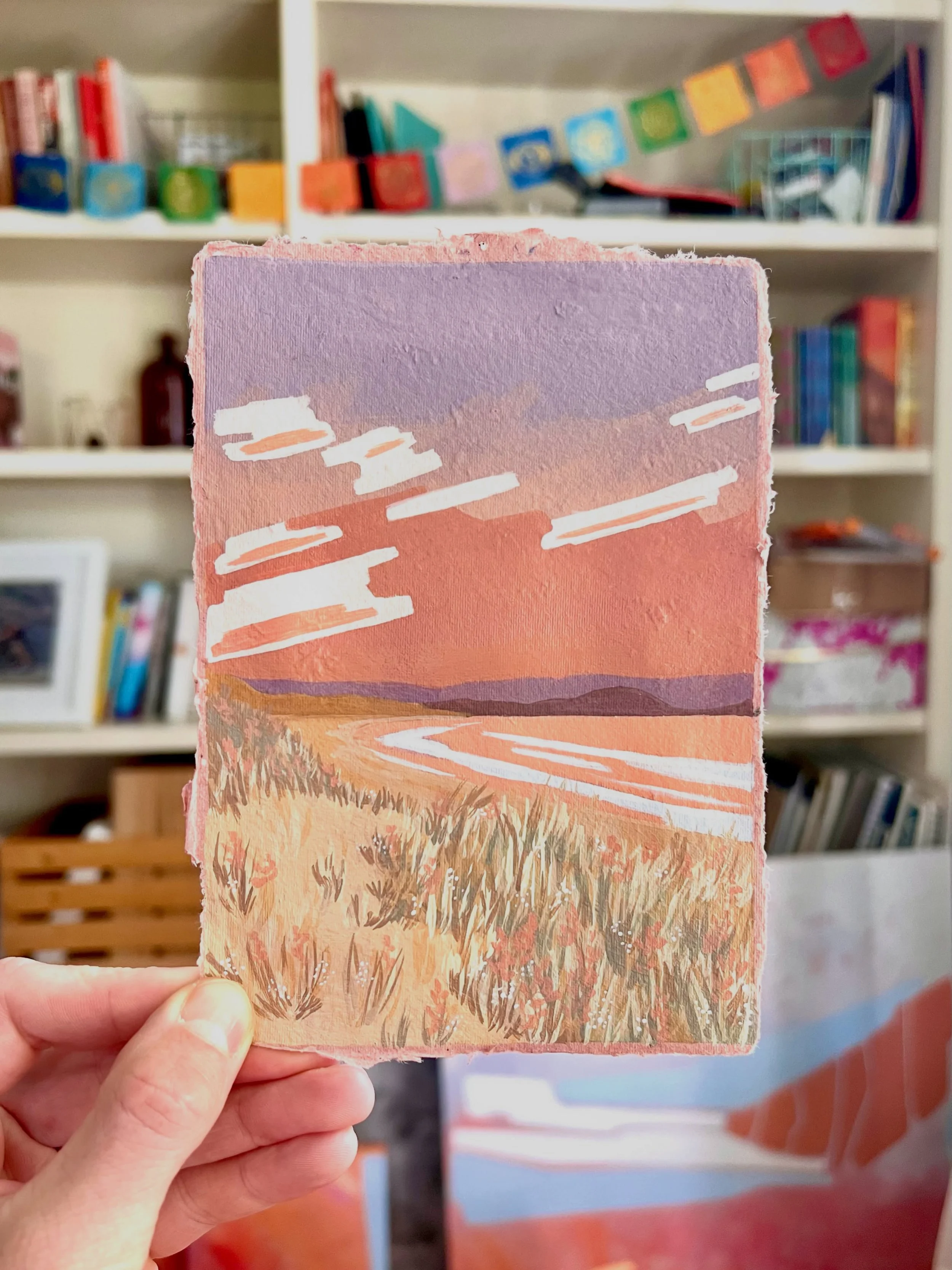 Adorbs. A cozy rosy sunset for you today.

I&rsquo;ll throw this up on the site once I get a few more mini landscapes churned out. This one was fun and made me want to just run away to the ocean. 

4x6&rdquo; original acrylic on handmade paper
DM if 