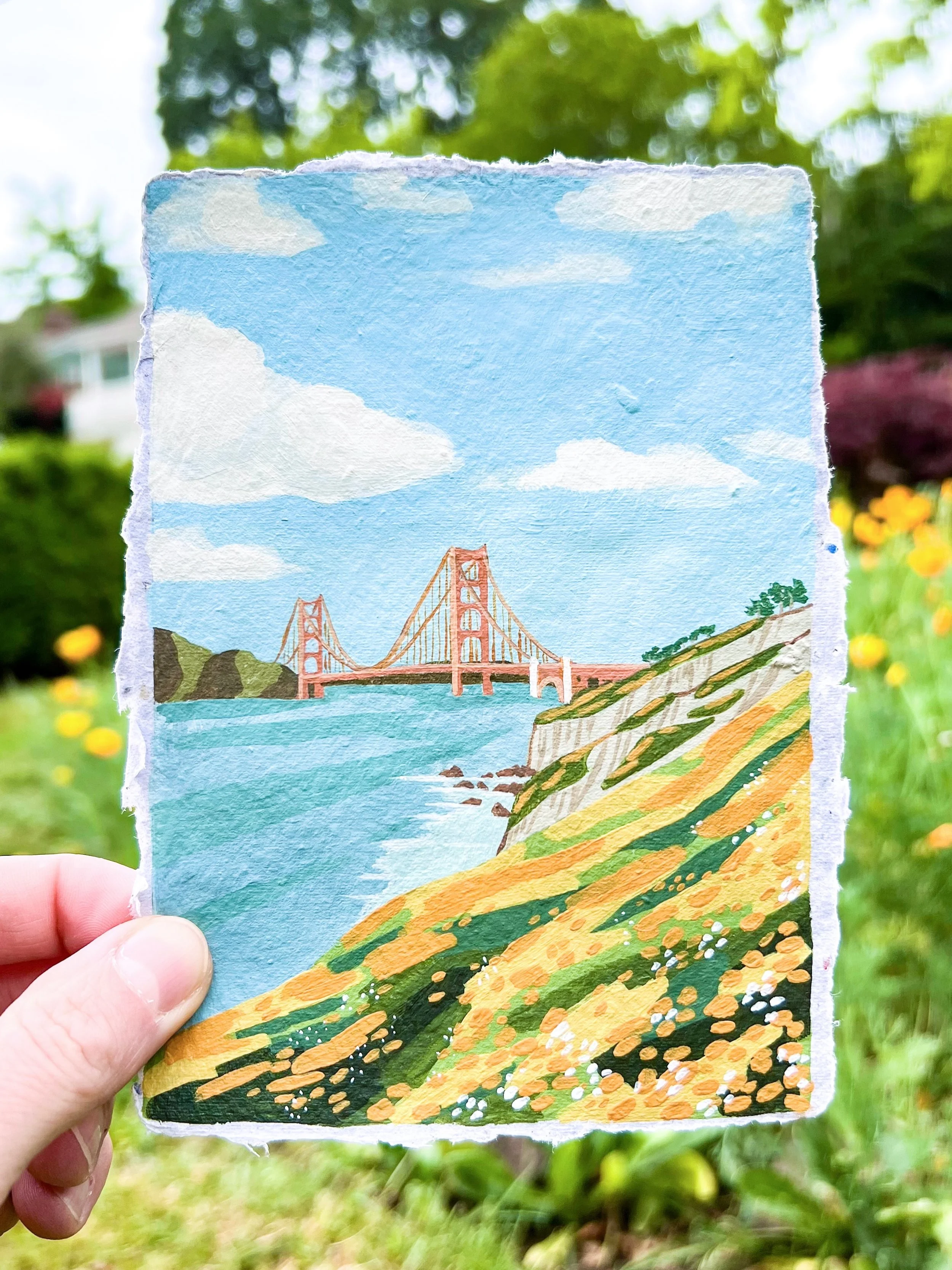 &ldquo;Bay Views&rdquo;
4x6&rdquo; original acrylic on handmade paper

DM if you&rsquo;re interested in this piece - I&rsquo;m going to make a few more landscapes and then list the group as a whole maybe next week. 

But just HAD TO do a little San F