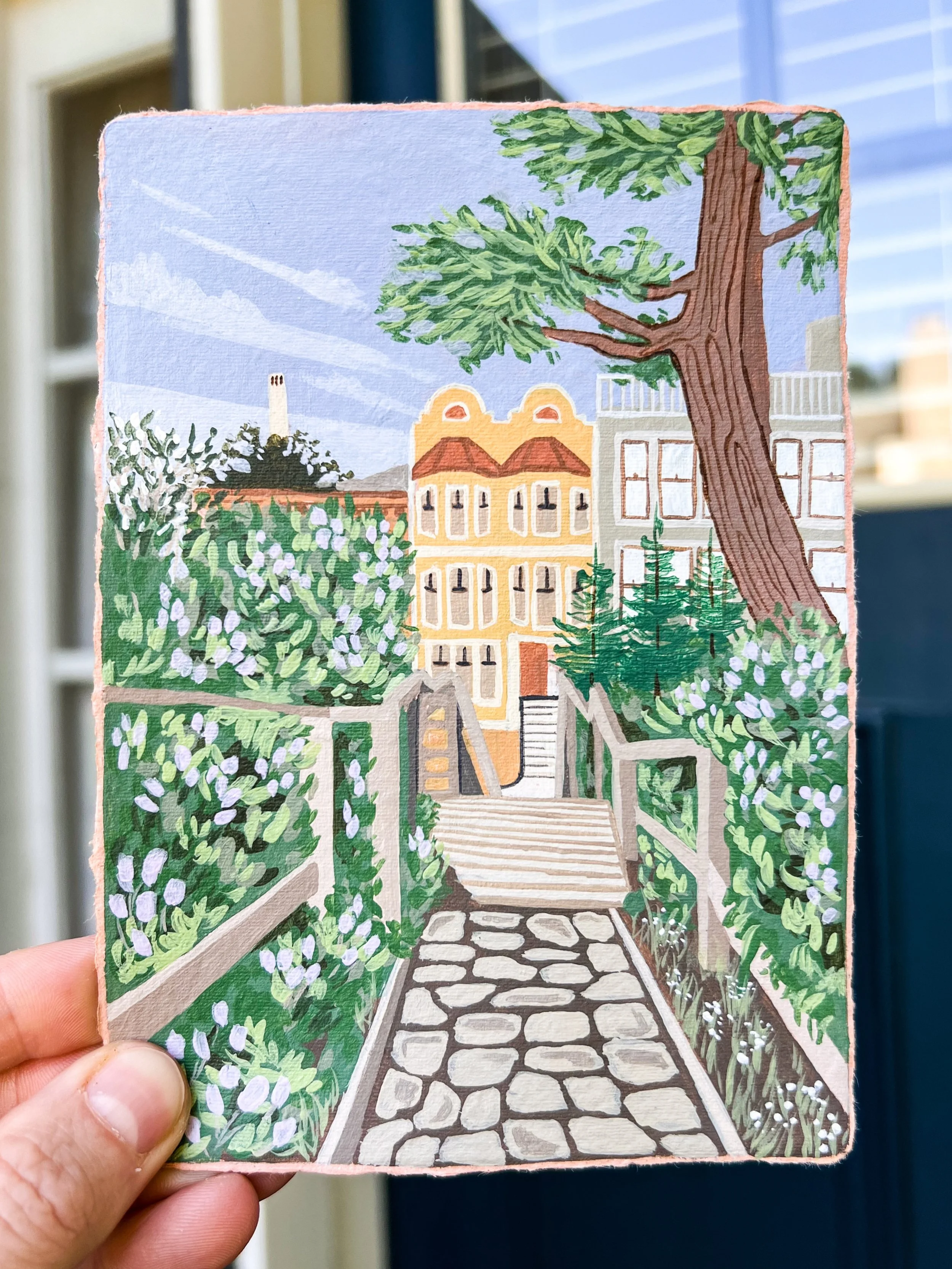 &ldquo;Russian Hill Views&rdquo;
4x6&rdquo; original acrylic on handmade paper

Wandering through Russian Hill was the perfect start to our morning while we were in SF. Such a cute neighborhood and completely charming. I could spend weeks just lookin
