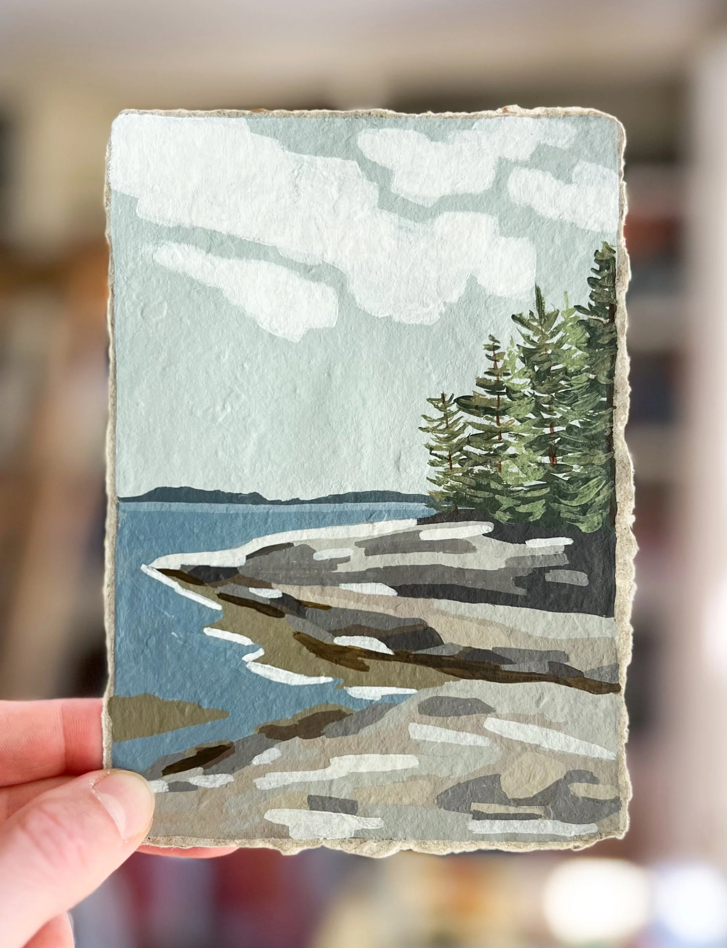 A little rocky shoreline landscape for you today. I&rsquo;ll be bringing this with me to the art show in Gig Harbor next weekend if you&rsquo;re in the area. 

&ldquo;Sea Breeze&rdquo;
4x6&rdquo; original acrylic on handmade paper

DM if you&rsquo;re