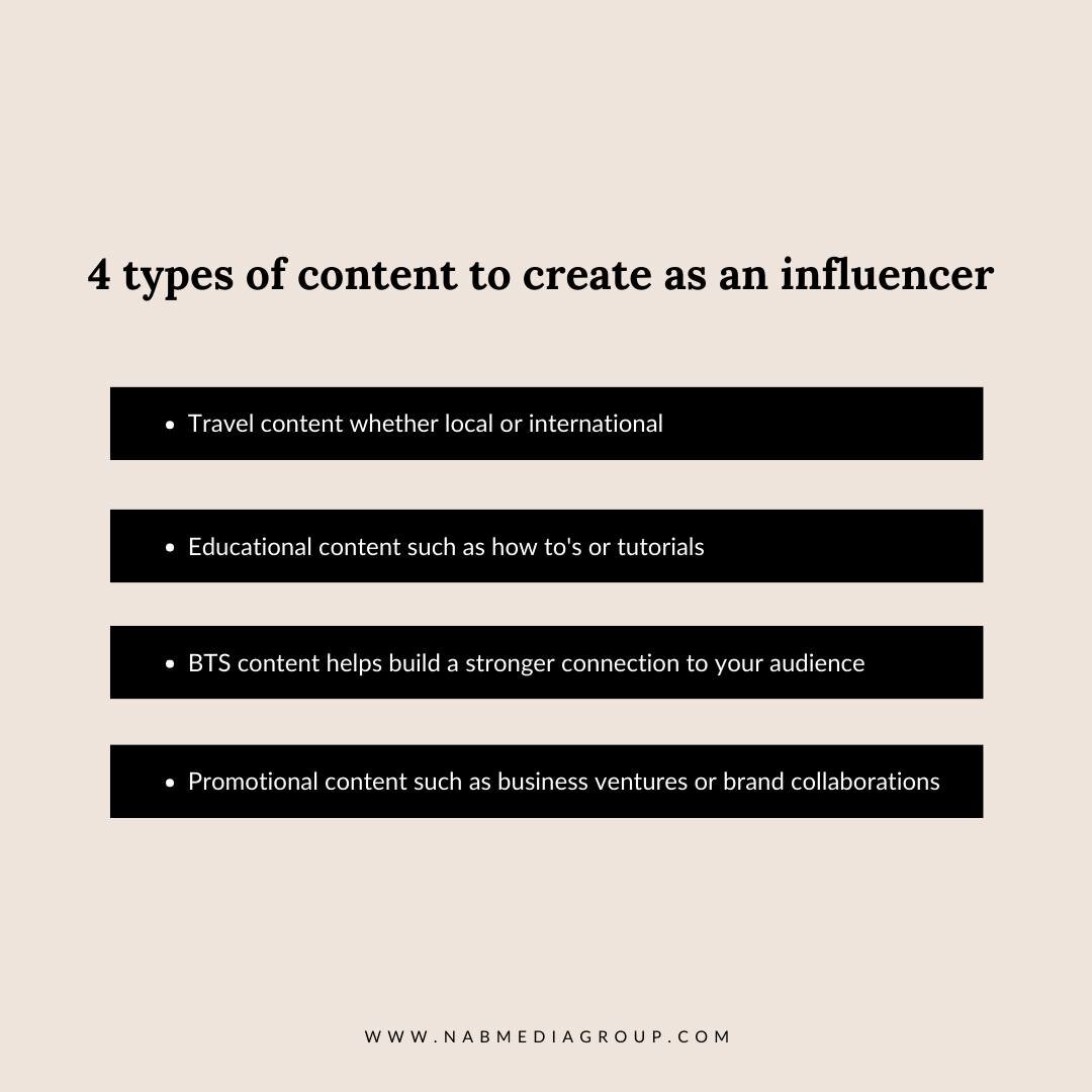 4 TYPES OF CONTENT TO CREATE AS AN INFLUENCER

1️⃣ TRAVEL content, whether it's local or international, will help you reach more people who are local or are looking for specific travel recommendations

2️⃣ EDUCATIONAL content such as how to's, tutori