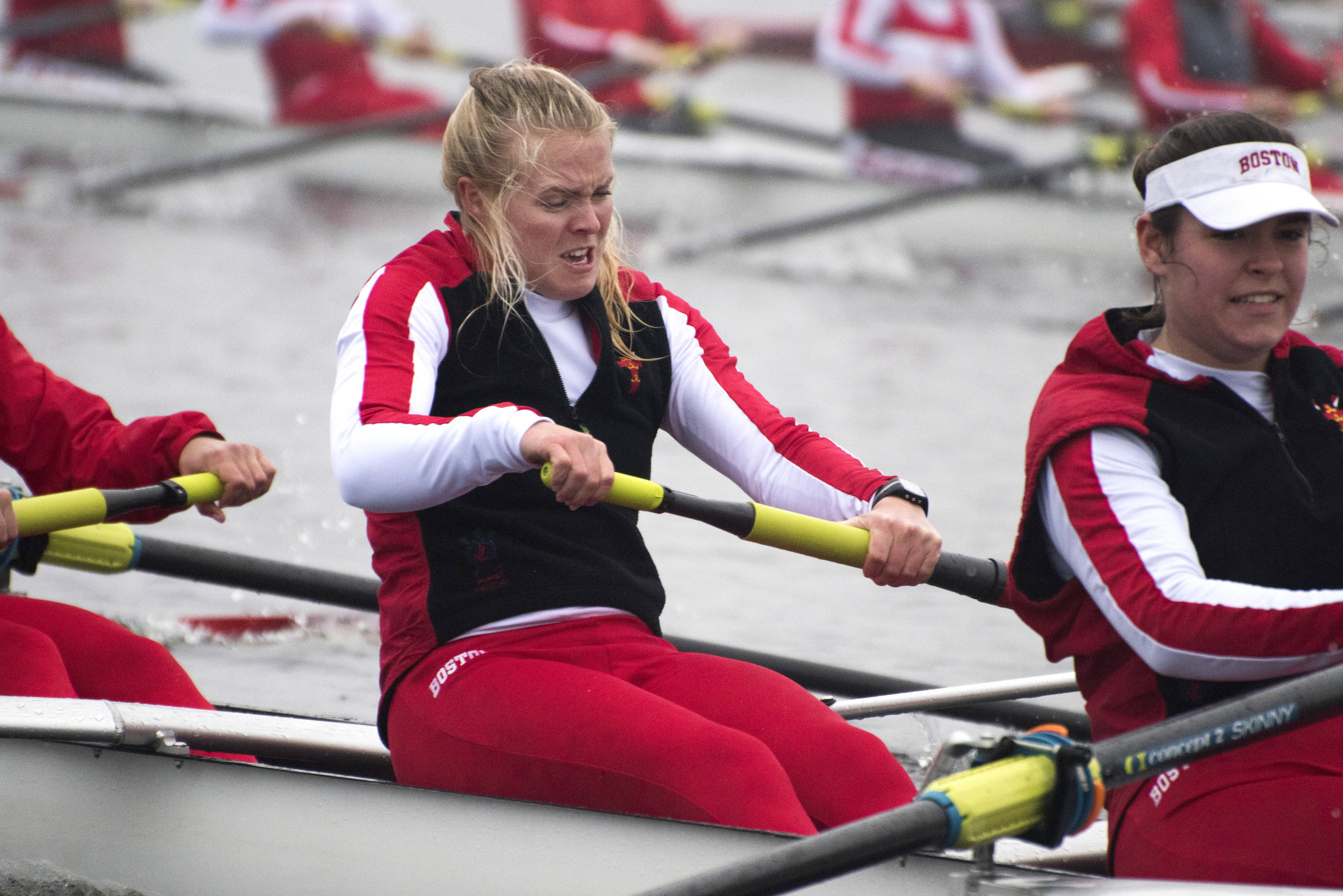  Anna Weis, a member of the Boston University Women's Rowing Team, rows hard during a 1000 meter practice sprint April 4. 