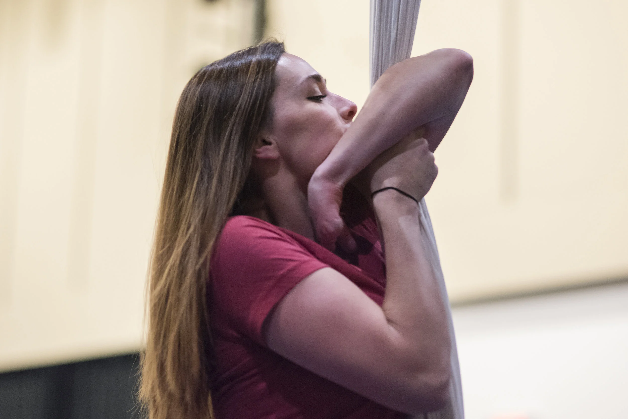  Sarah Tuberty, a graduate student in Boston University's Sargent College, climbs the fabric during a weekly aerial dance class held at BU. Tuberty was born with Symbrachydactyly, a congenital abnormality leaving her with no fingers on her left hand 