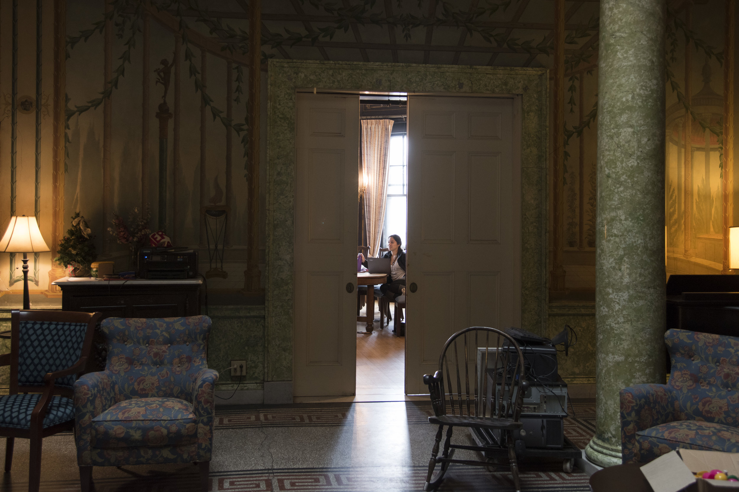  Erica Moreira, a Junior at Boston University, studies in the dining room of the Harriet E. Richards--HER--house, a women's cooperative residence hall at Boston University. 