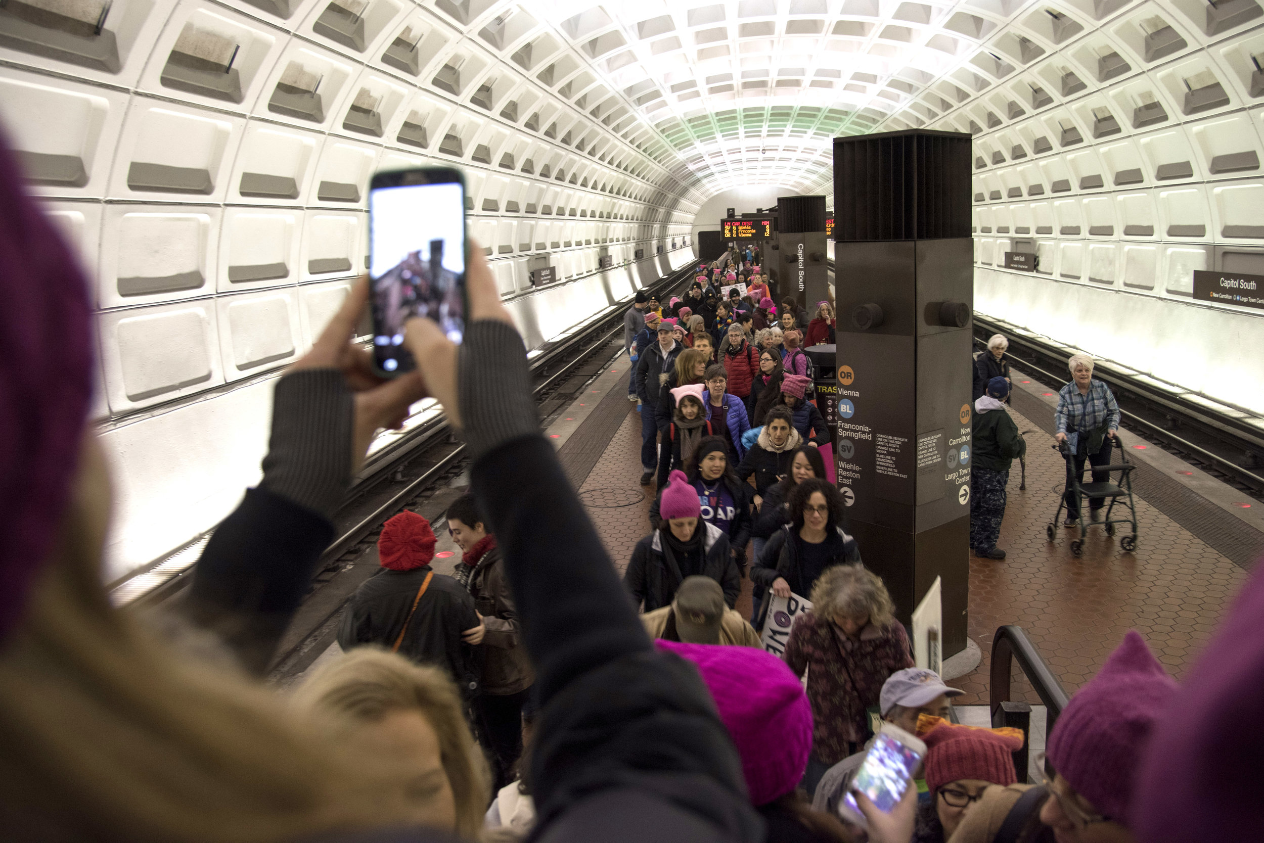  Marchers gather at the Union Station metro station in transit to the Women's March on Washington in Washington, D.C January 21st. The day of the Women's March, the Washington Metro system had its second-busiest day ever with over a million trips tak