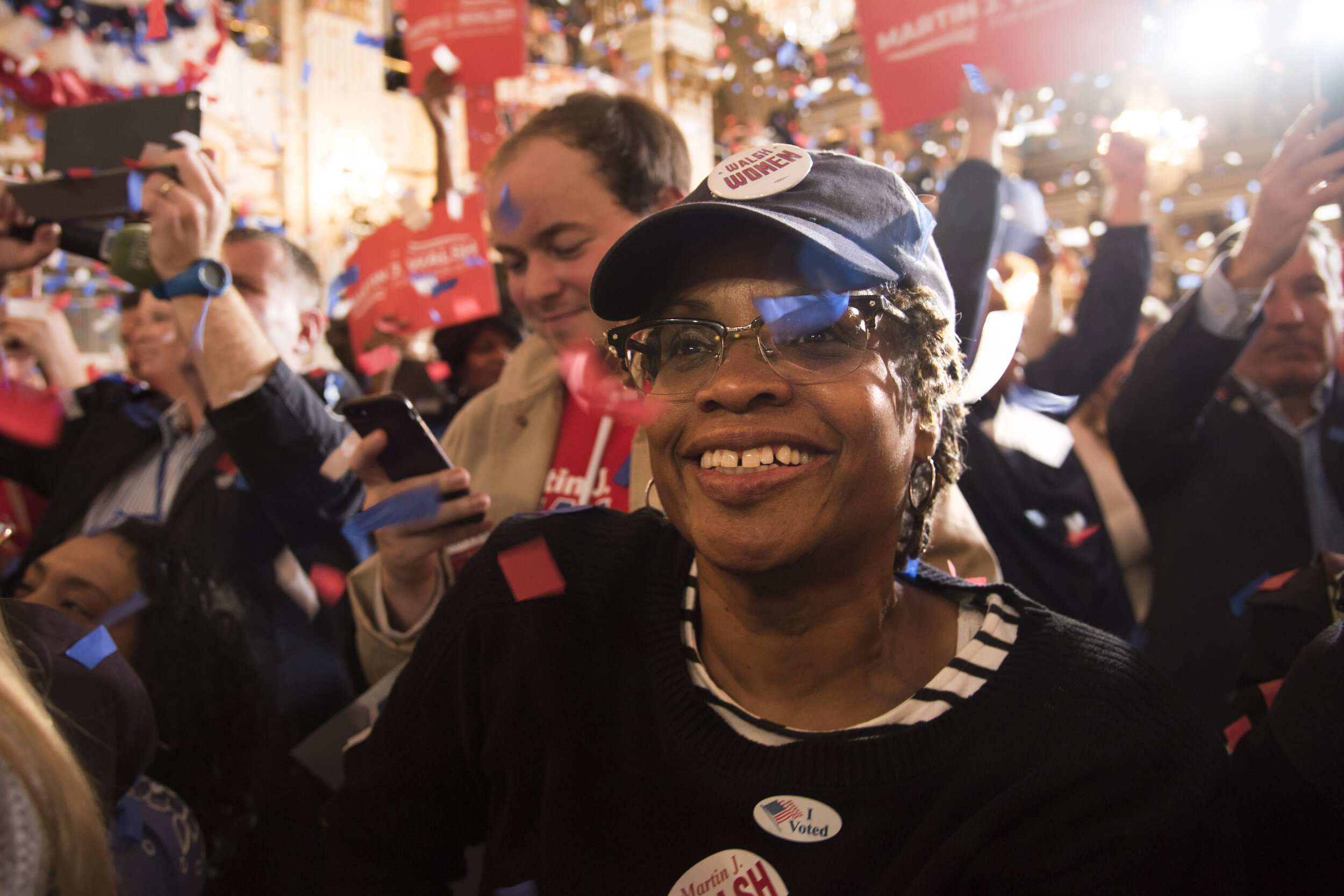  Dwan Packnett, a Walsh supporter, smiles after Mayor Marty Walsh's speech at the Team Walsh Election Night Celebration at the Fairmont Copley Square Hotel in Boston on November 7 2017. 