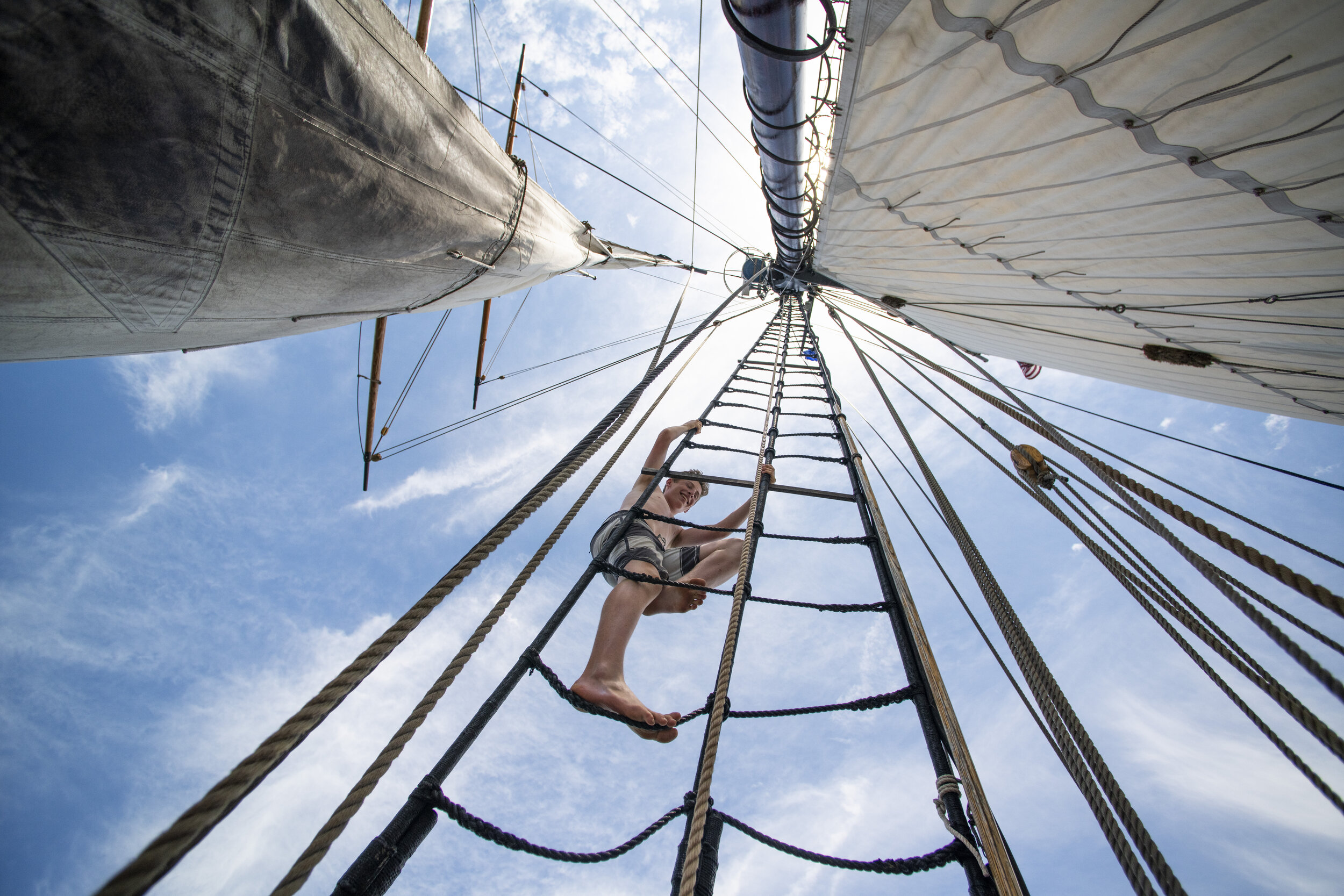  Jack Bradley climbs the rigging on the tall ship  La Amistad.  The ship is a historical replica of the ship involved in the 1839 slave revolt.  