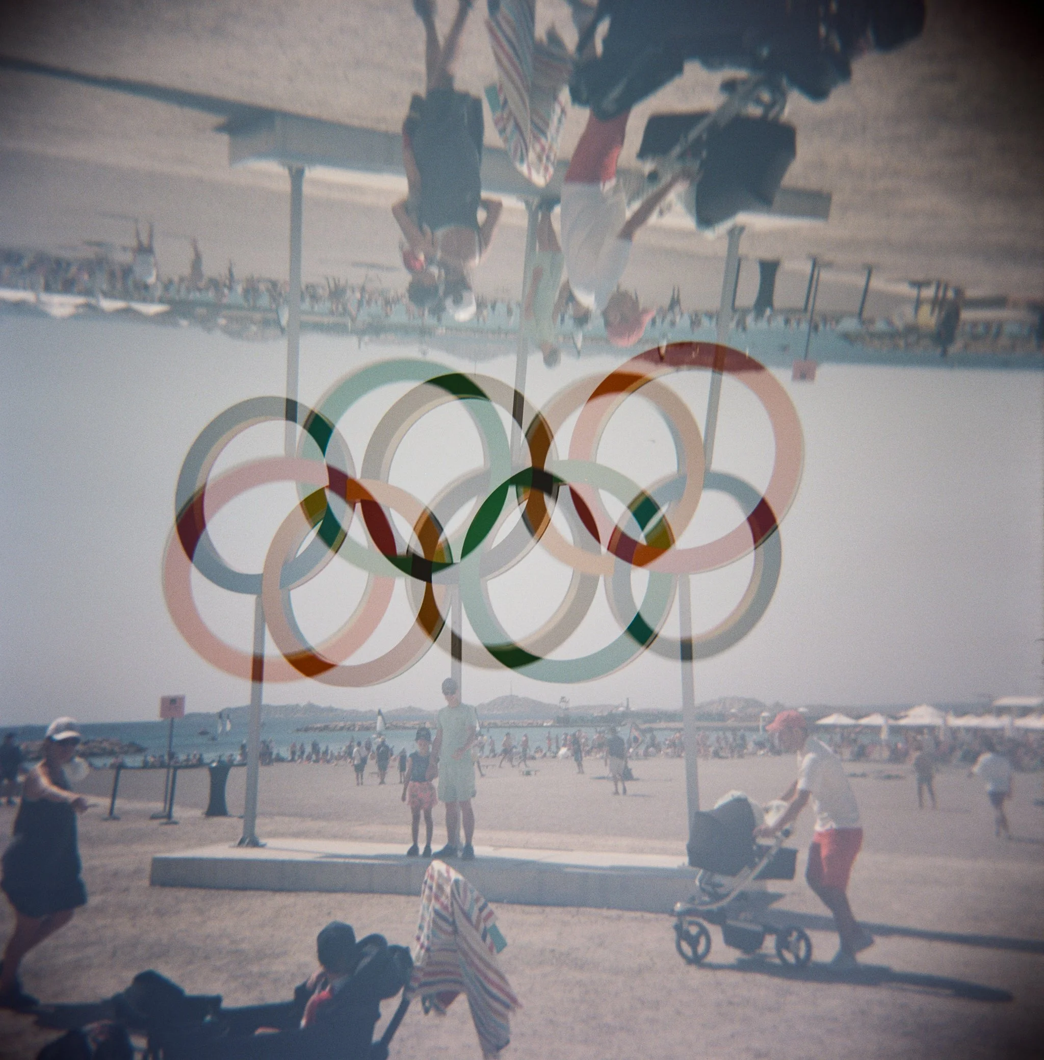 A double exposure of the Olympic Rings at the Olympic Sailing Venue in Marseille, France. 