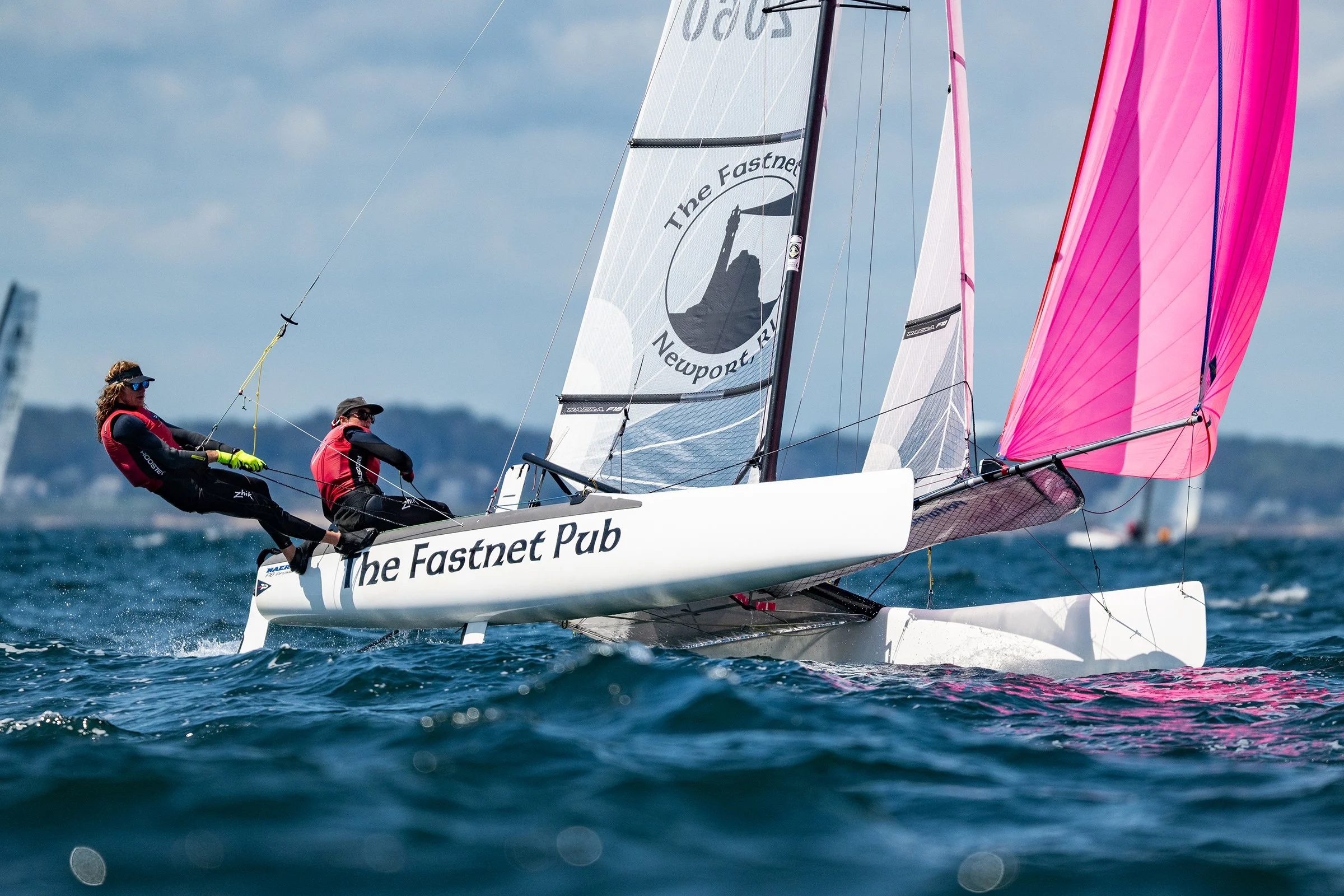  Jensen McTighe and Marina Barzaghi head downwind at the Formula 18 America’s Trophy in Newport, Rhode Island.  
