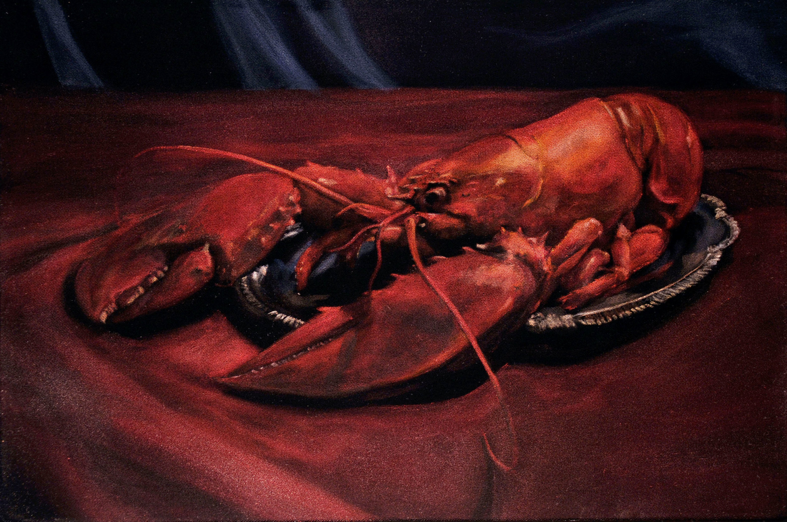  Lobster (apologies to Jacob Lawrence)  acrylic on velvet  12 x 18 inches 