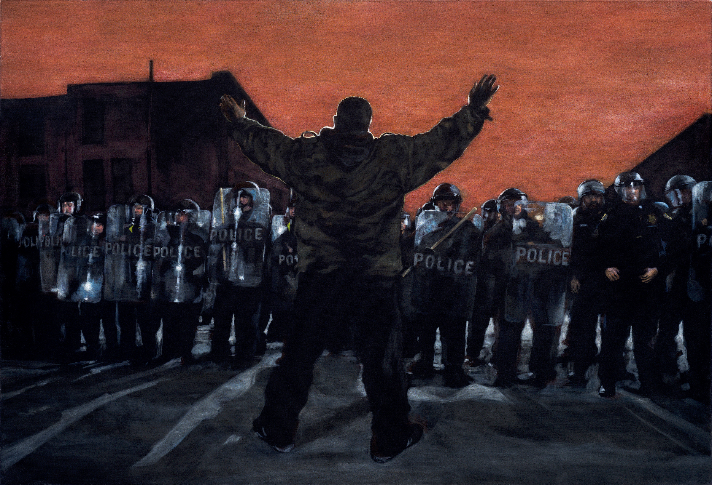  Hands Up, Don’t Shoot!  acrylic on velvet  30 x 44 inches 