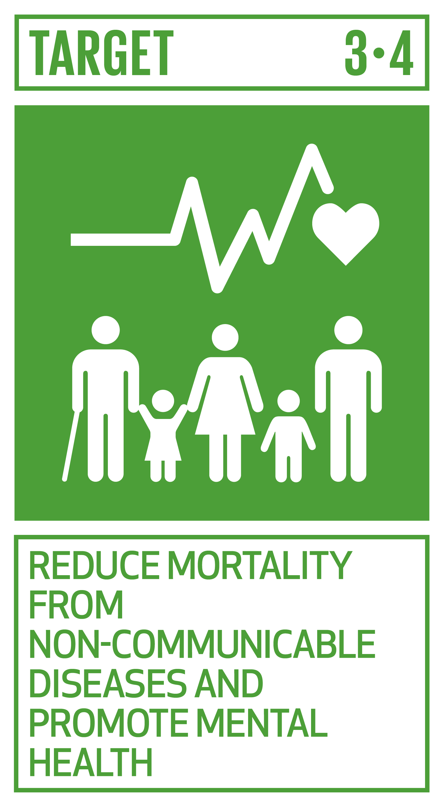 By 2030, reduce by one third premature mortality from non-communicable diseases through prevention and treatment and promote mental health and well-being. INDICATORS 3.4.1 Mortality rate attributed to cardiovascular disease, cancer, diabetes or chronic respiratory disease 3.4.2 Suicide mortality rate