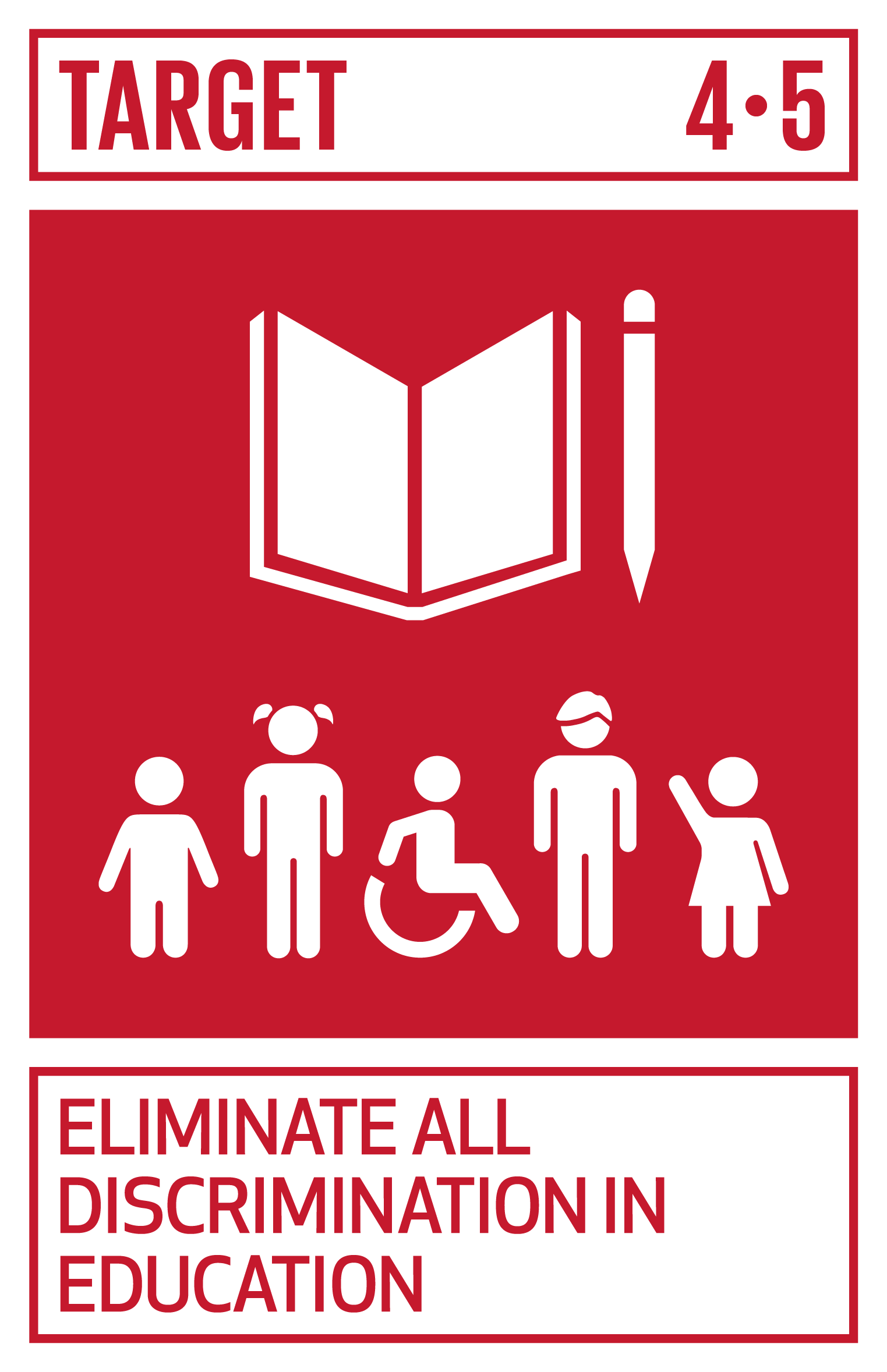 By 2030, eliminate gender disparities in education and ensure equal access to all levels of education and vocational training for the vulnerable, including persons with disabilities, indigenous peoples and children in vulnerable situations. INDICATOR 4.5.1 Parity indices (female/male, rural/urban, bottom/top wealth quintile and others such as disability status, indigenous peoples and conflict-affected, as data become available) for all education indicators on this list that can be disaggregated