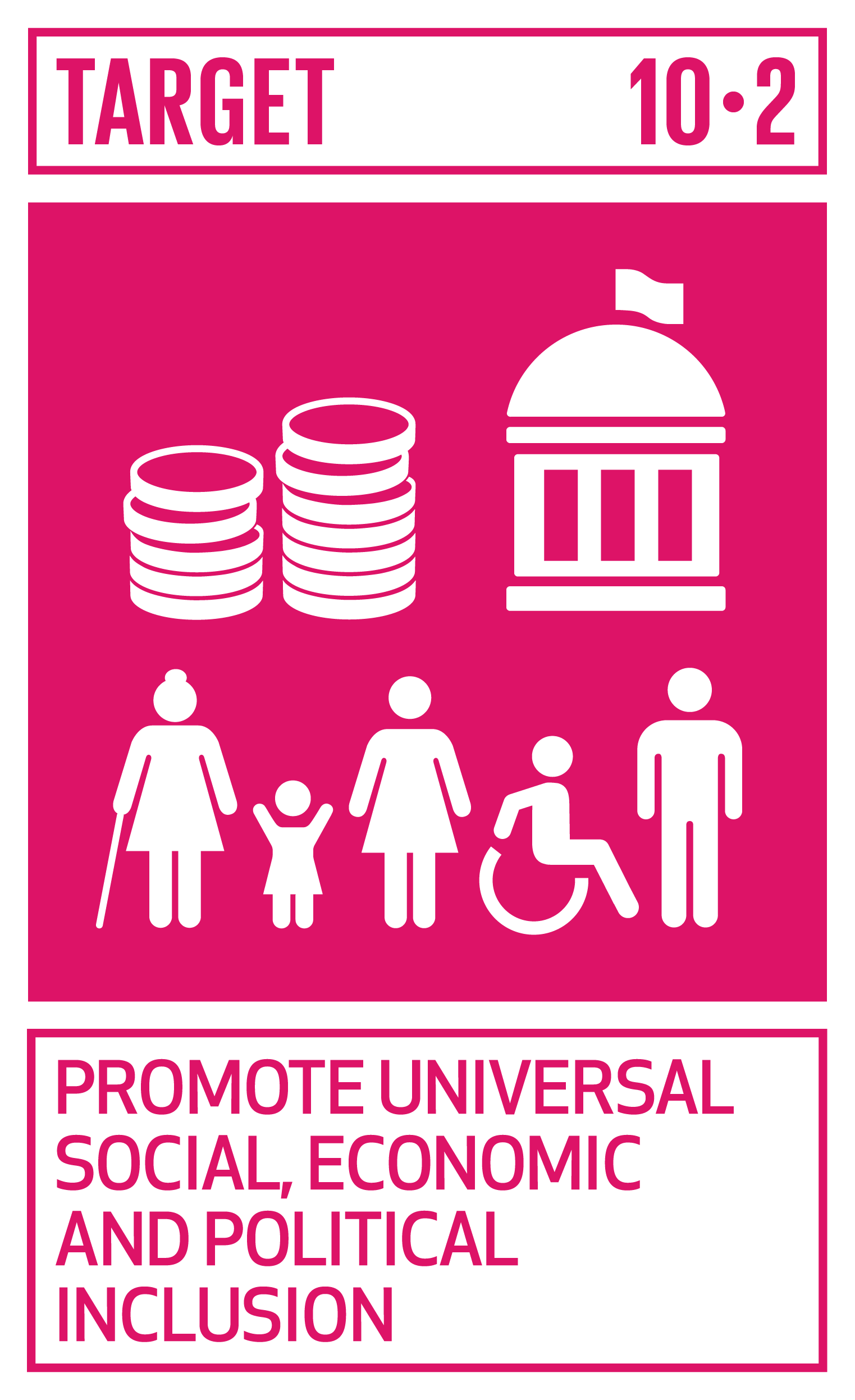 By 2030, empower and promote the social, economic and political inclusion of all, irrespective of age, sex, disability, race, ethnicity, origin, religion or economic or other status. INDICATOR 10.2.1 Proportion of people living below 50 per cent of median income, by sex, age and persons with disabilities