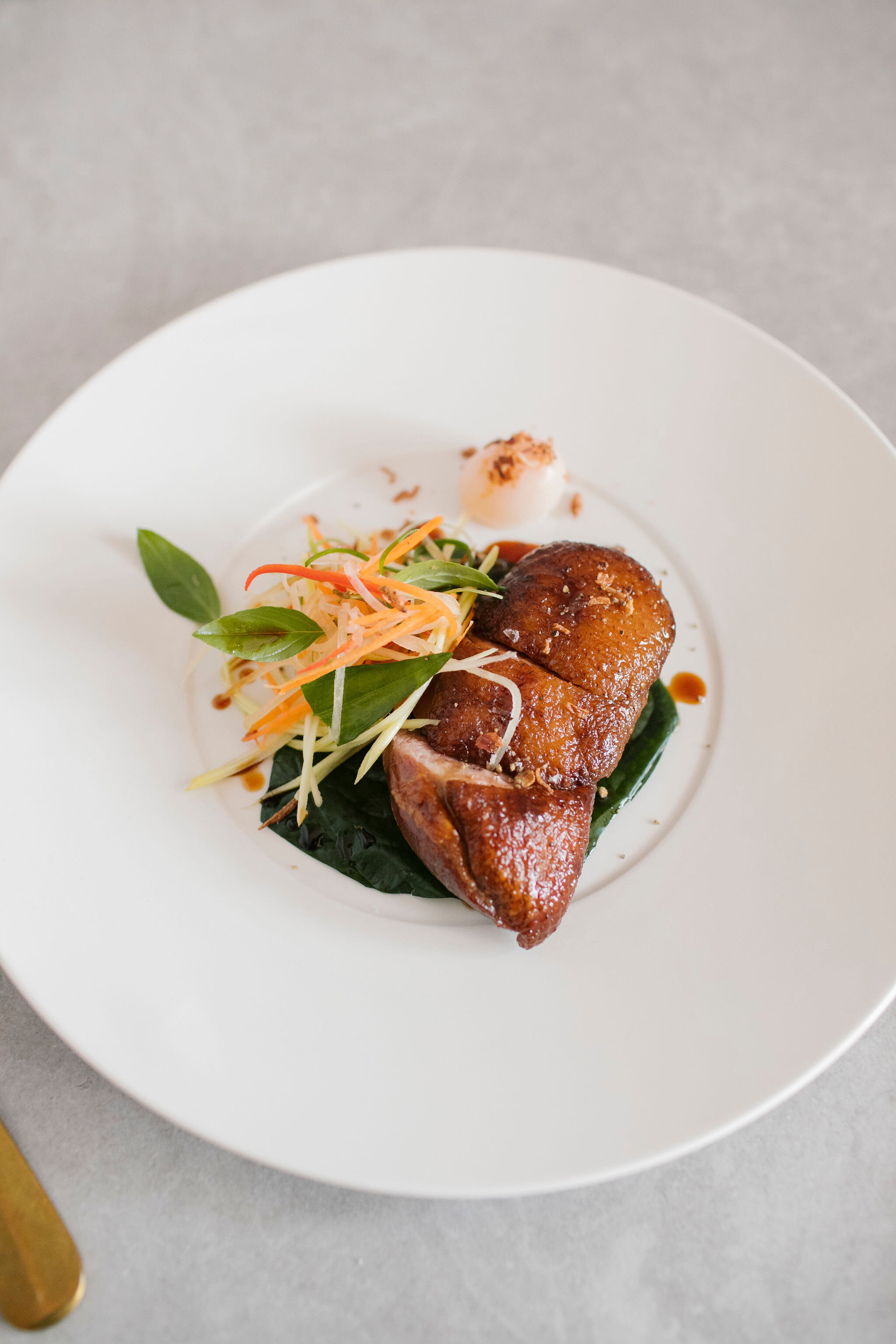 Tea smoked duck breast, shredded green mango salad, rambutan and shallots (df).jpg