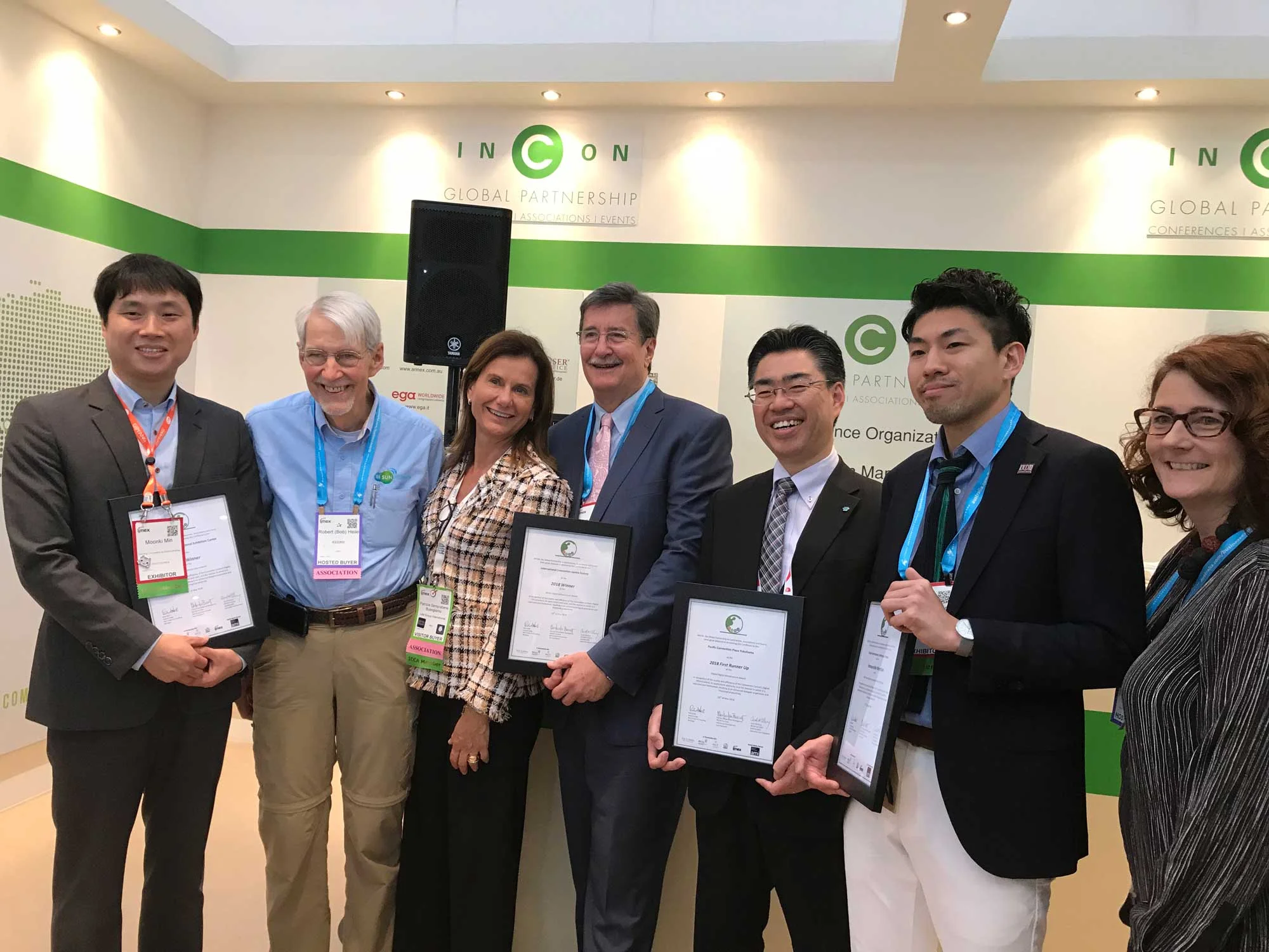Left to right: Mun Ki, Min, Goyang city official, Bob Heile, award judge; Patrizia Buongiorno, INCON Co-Chair; Geoff Donahey, Ceo, ICC Sydney; Makoto Batori, Pacifico Yokohama and Manabu Uemura, ICC Kyoto and Carol McGury, INCON Co-chair