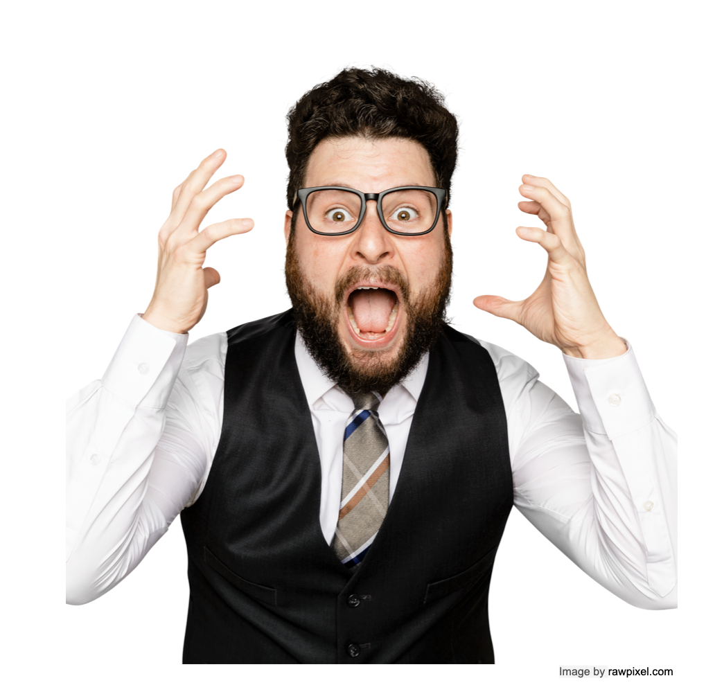 Man med skägg och glasögon som spärrar upp ögonen och gapar.