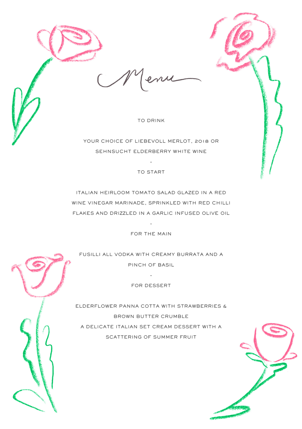 Rose Menu Template — Dinner With Friends, image size:1000x1418