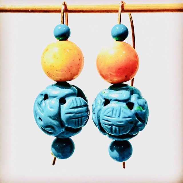 Turquoise Chinese Shou Bead Earrings
