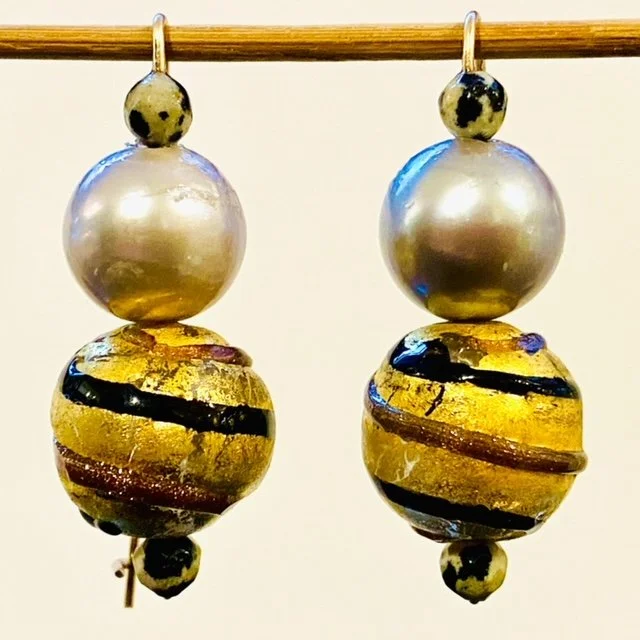 Pearl, Antique Venetian Bead, & Jasper Earrings