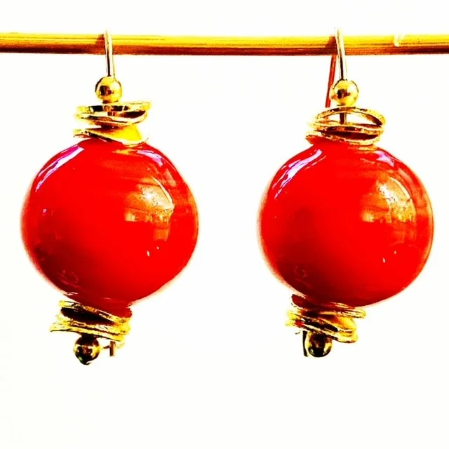 Vintage Venetian Glass Handblown Glass Bead & 22K Gold Vermeil Earrings