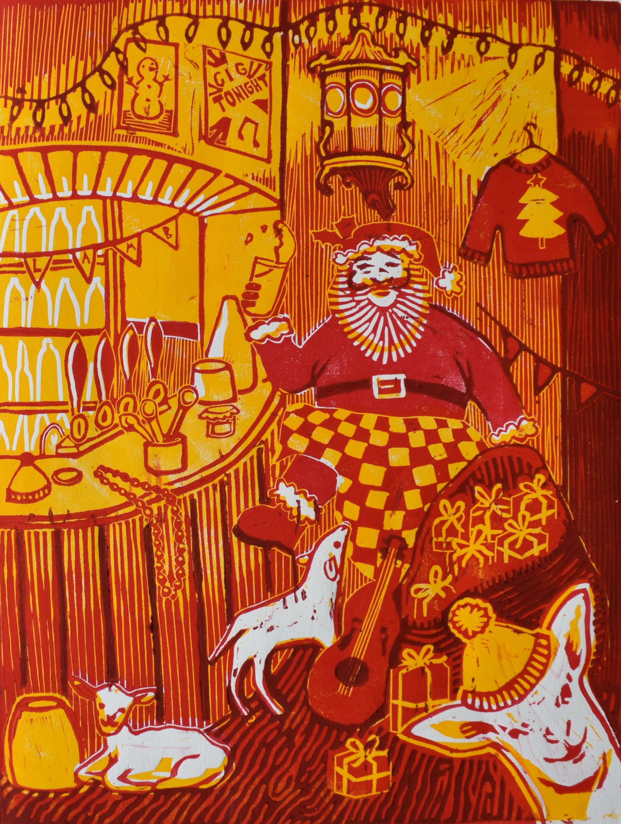 Christmas at the Lamb 3 colour linoprint commission.jpg