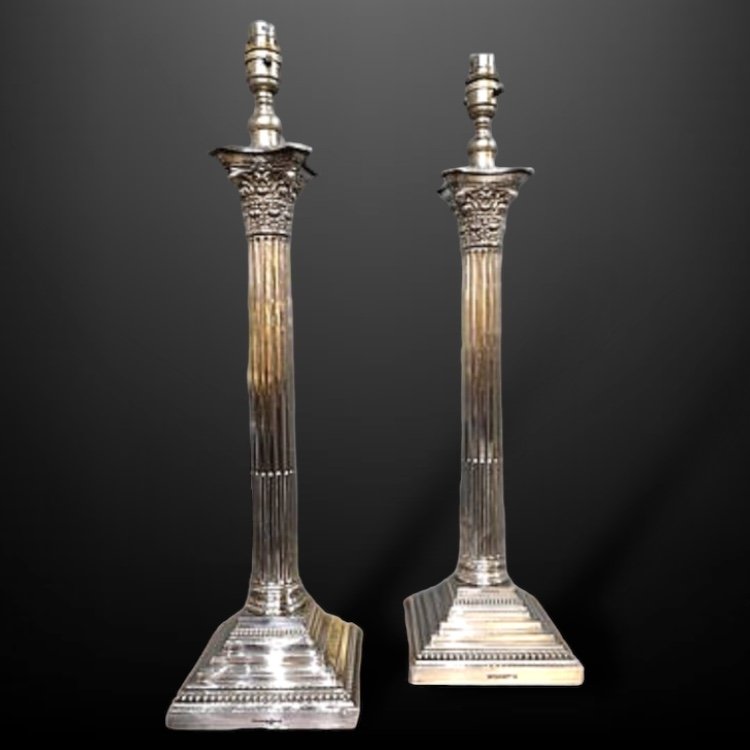 An excellent pair of Edwardian silver plate table lamps, circa 1905.JPG