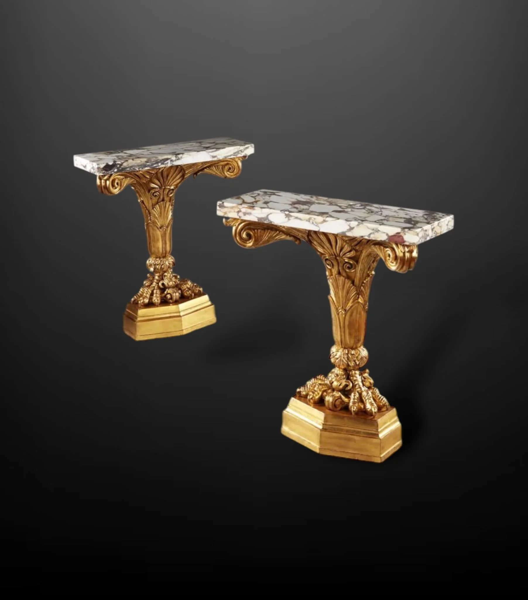 Pair Of Antique Neo Classical Giltwood And Marble Monopedia Console Tables.JPG