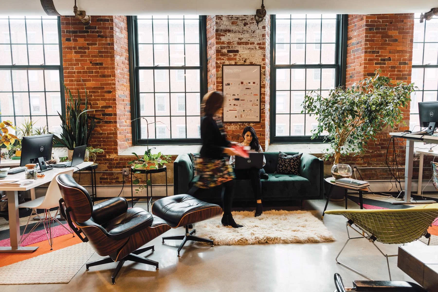 At their office in Saco Mill, some hallmarks of biophilic design are readily apparent: exposed brick, natural fibers, lots of plants, and plentiful light. A Chesterfield sofa, Eames chair and ottoman, and Bertoia diamond chair surround a wool Flokati rug.