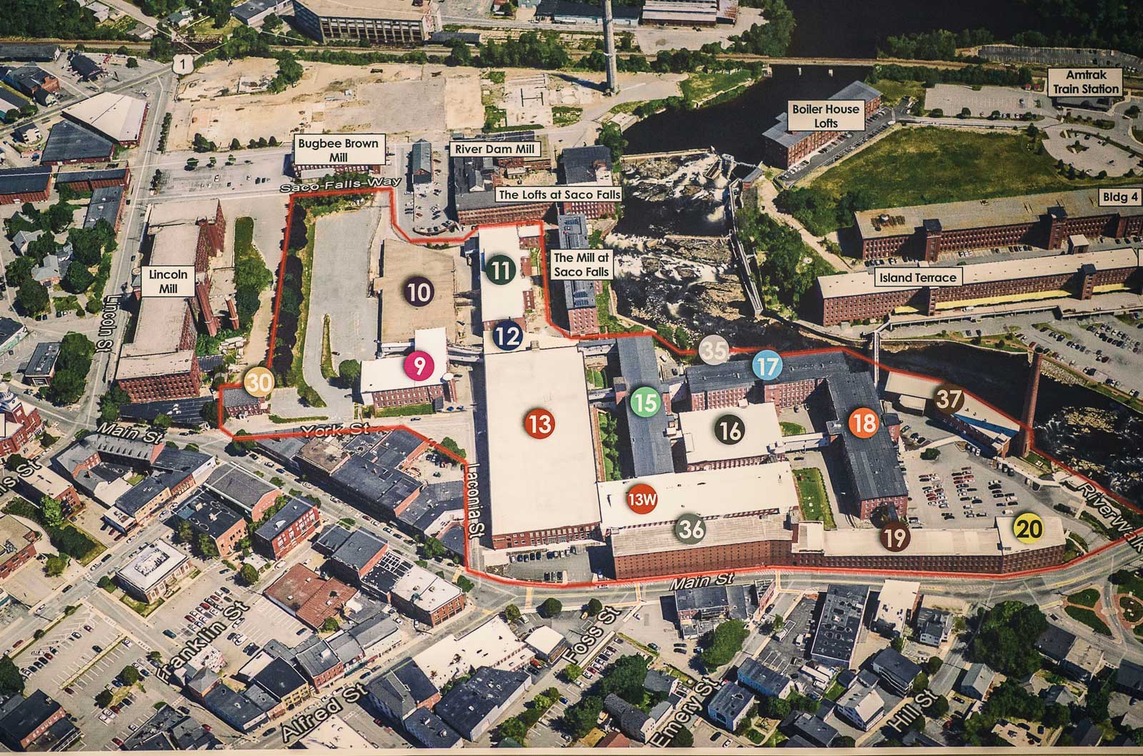 A map of Biddeford Mill Campus. The solar array encompasses 1.3 acres of rooftop on buildings 15, 17, and 18.